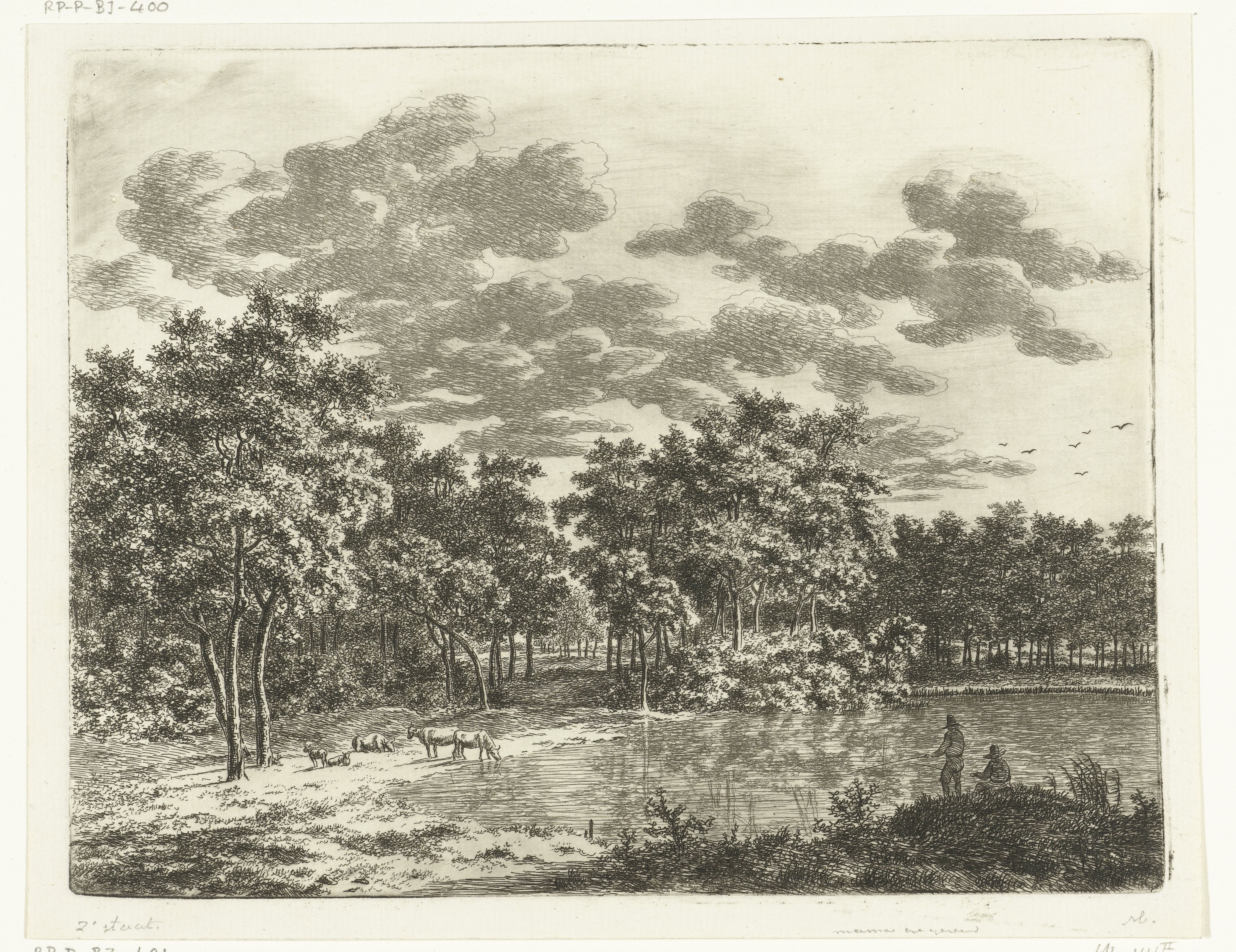 Landschap met vijver en twee hengelende vissers