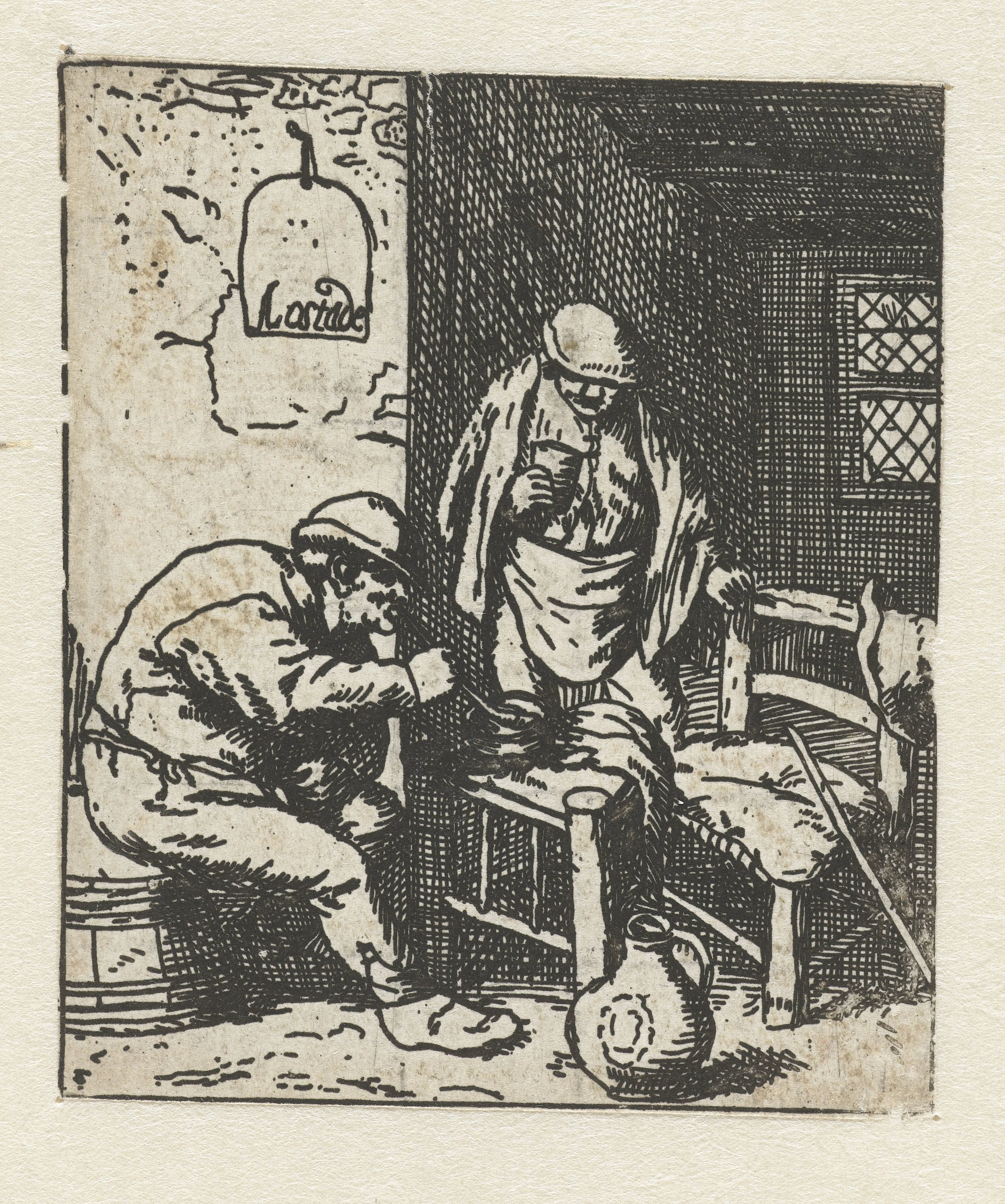Interieur van een herberg met man die pijp aansteekt en man met glas in zijn hand