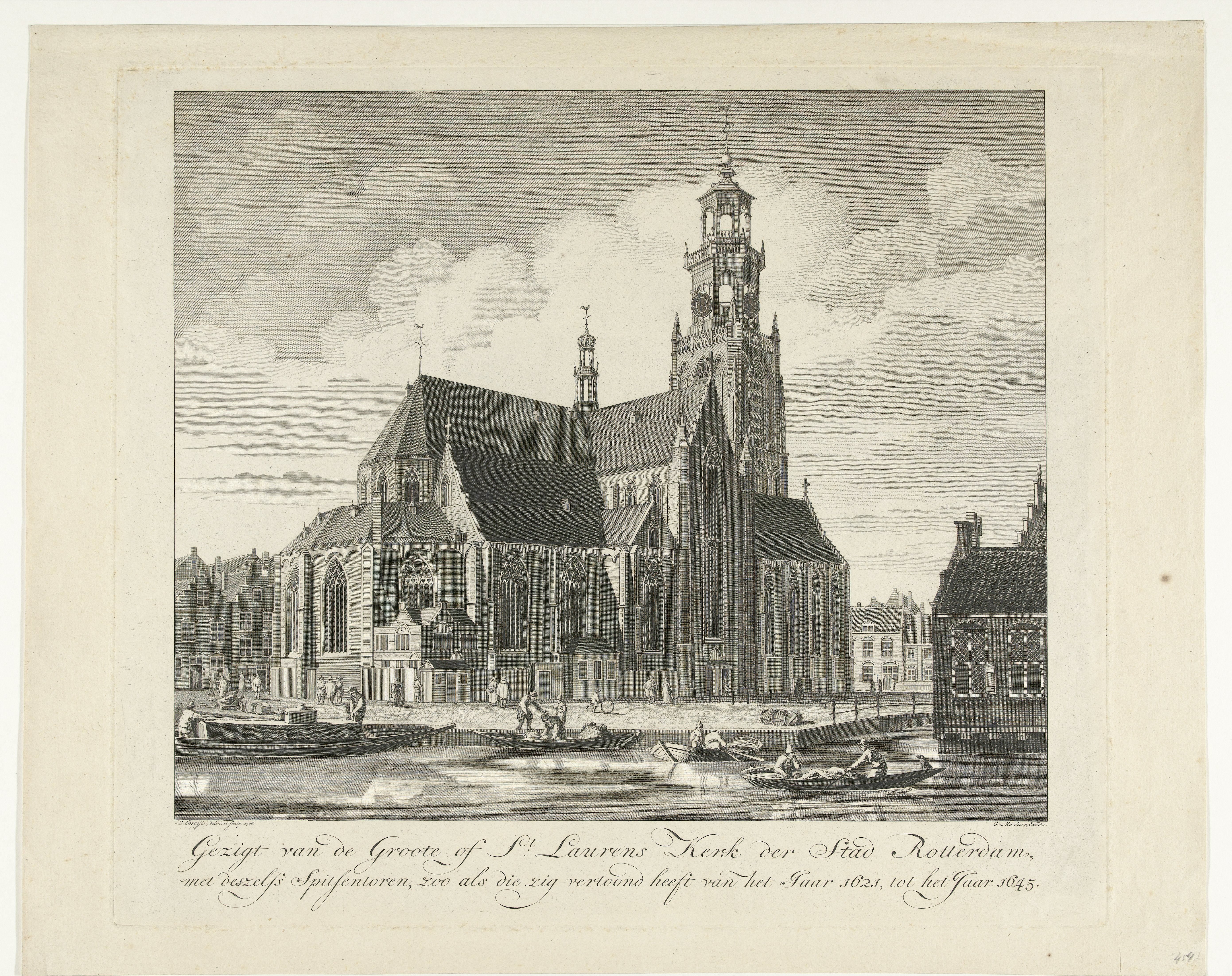 Stadsgezicht met Grote of Laurenskerk te Rotterdam