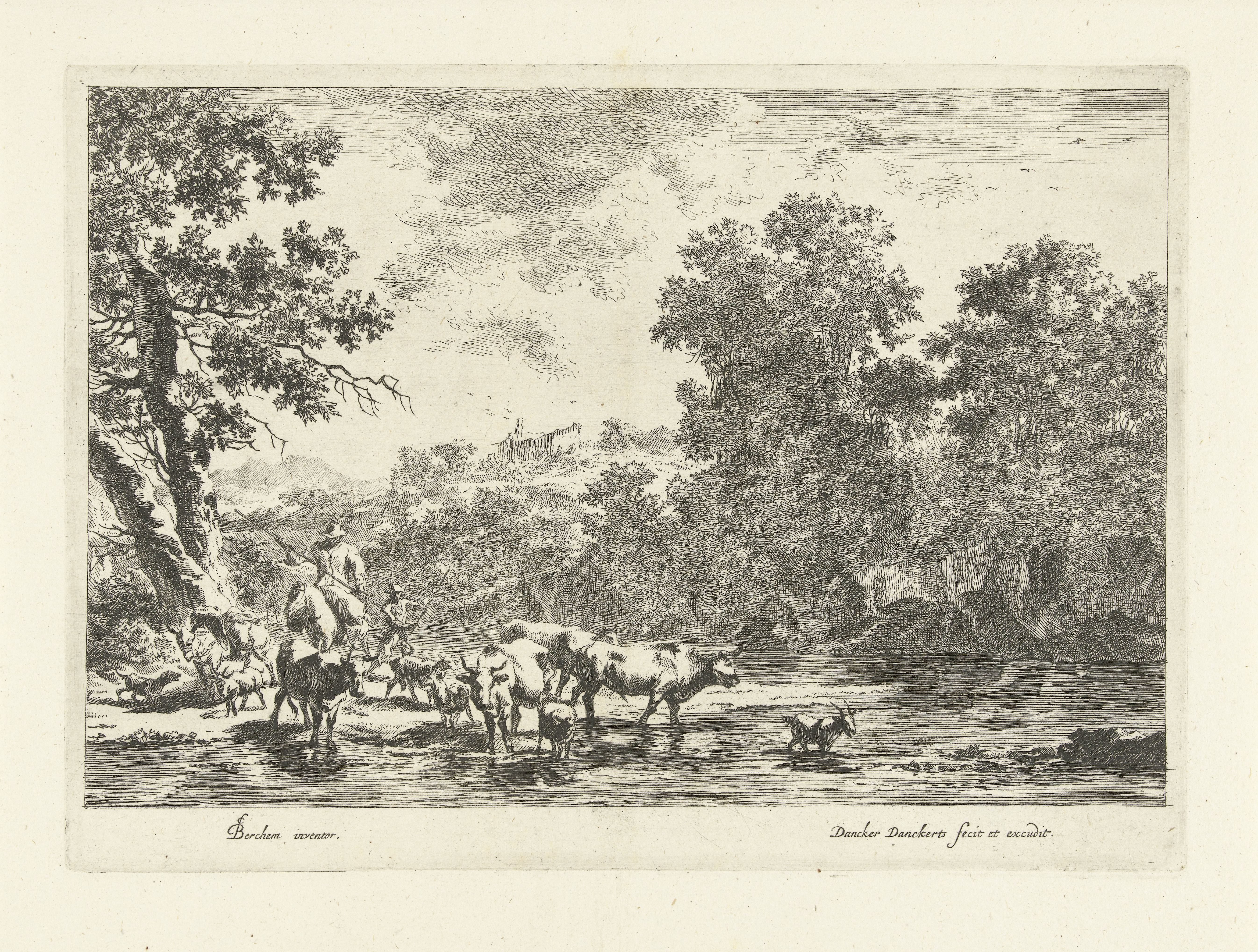 Italiaans landschap met herder te paard en vee bij rivier
