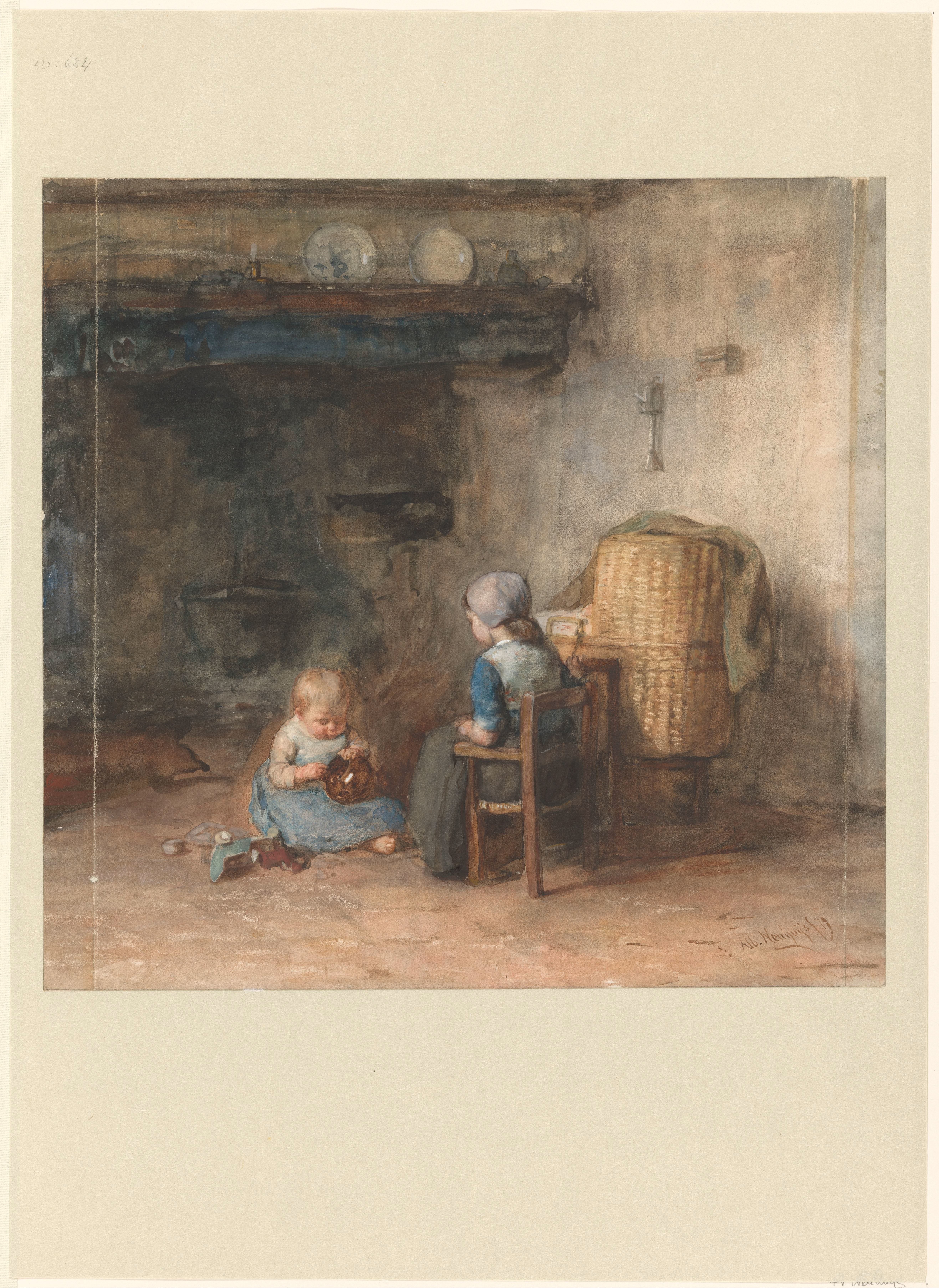 Twee kinderen in een boereninterieur