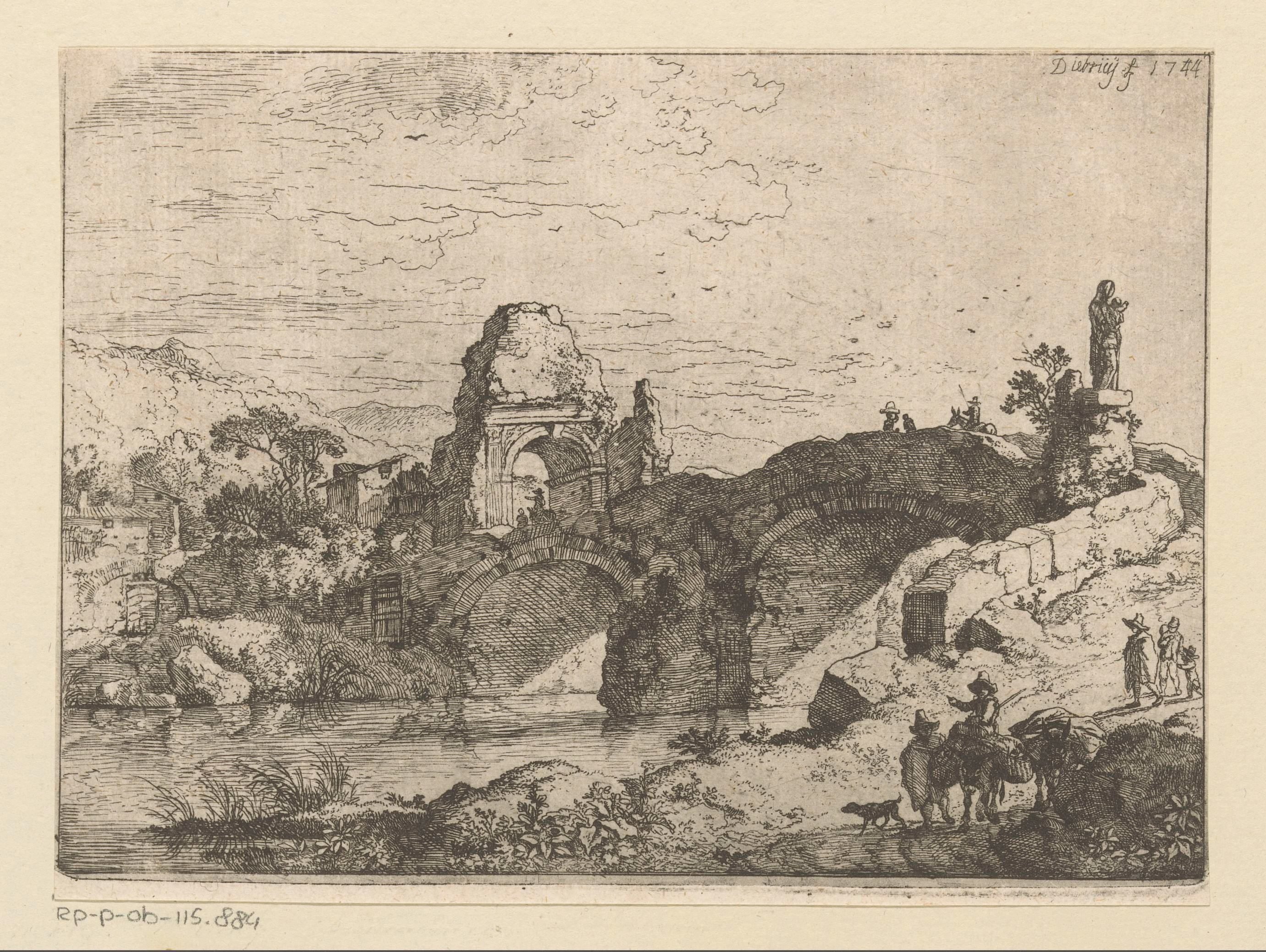 Landschap met de ruïne van een poort naast een vervallen brug