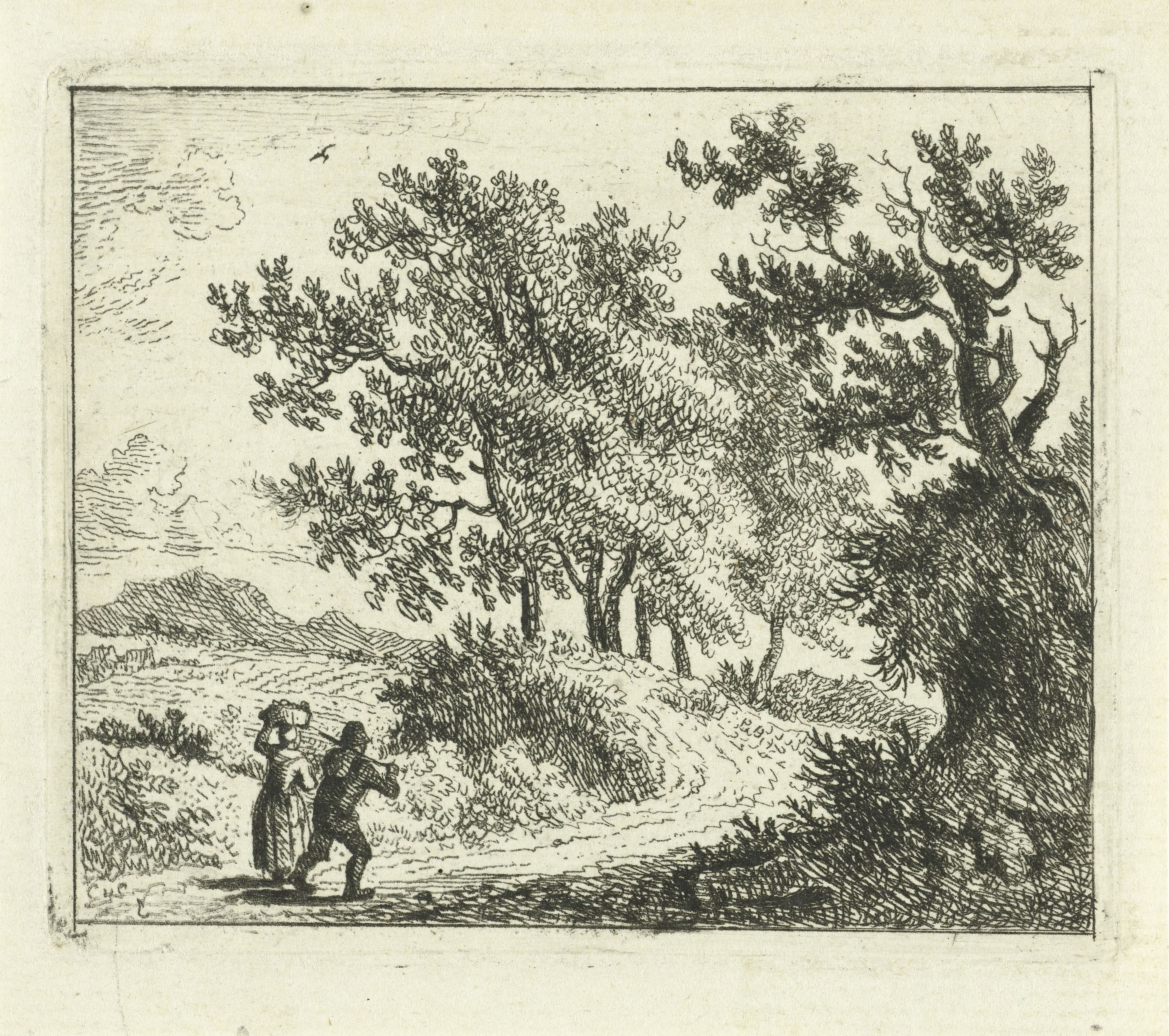 Heuvelachtig landschap met reizigers