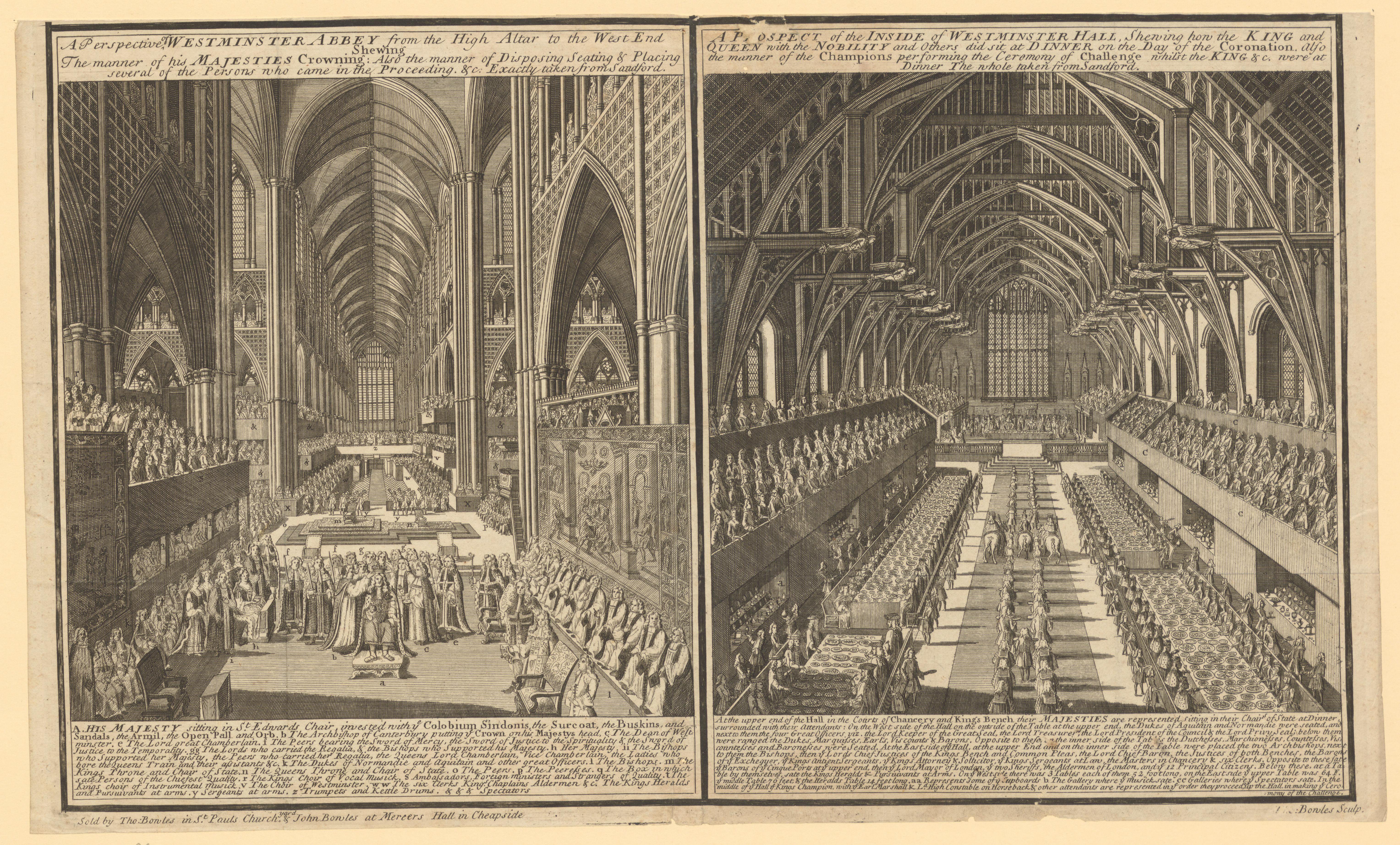 Twee voorstellingen van de Westminster Abbey tijdens de kroning van George II en een banket in Westminster Hall