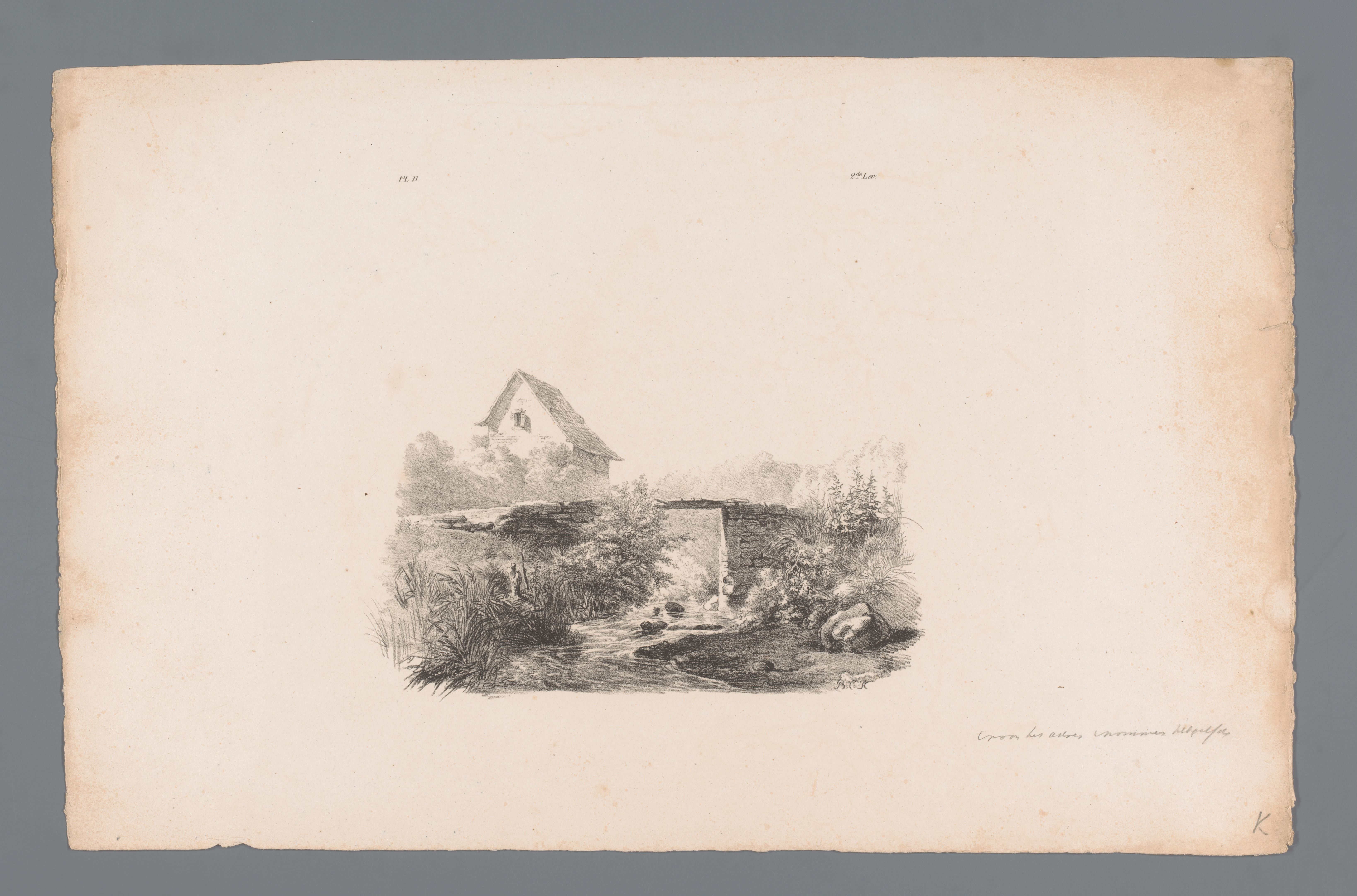Landschap met beek en huis