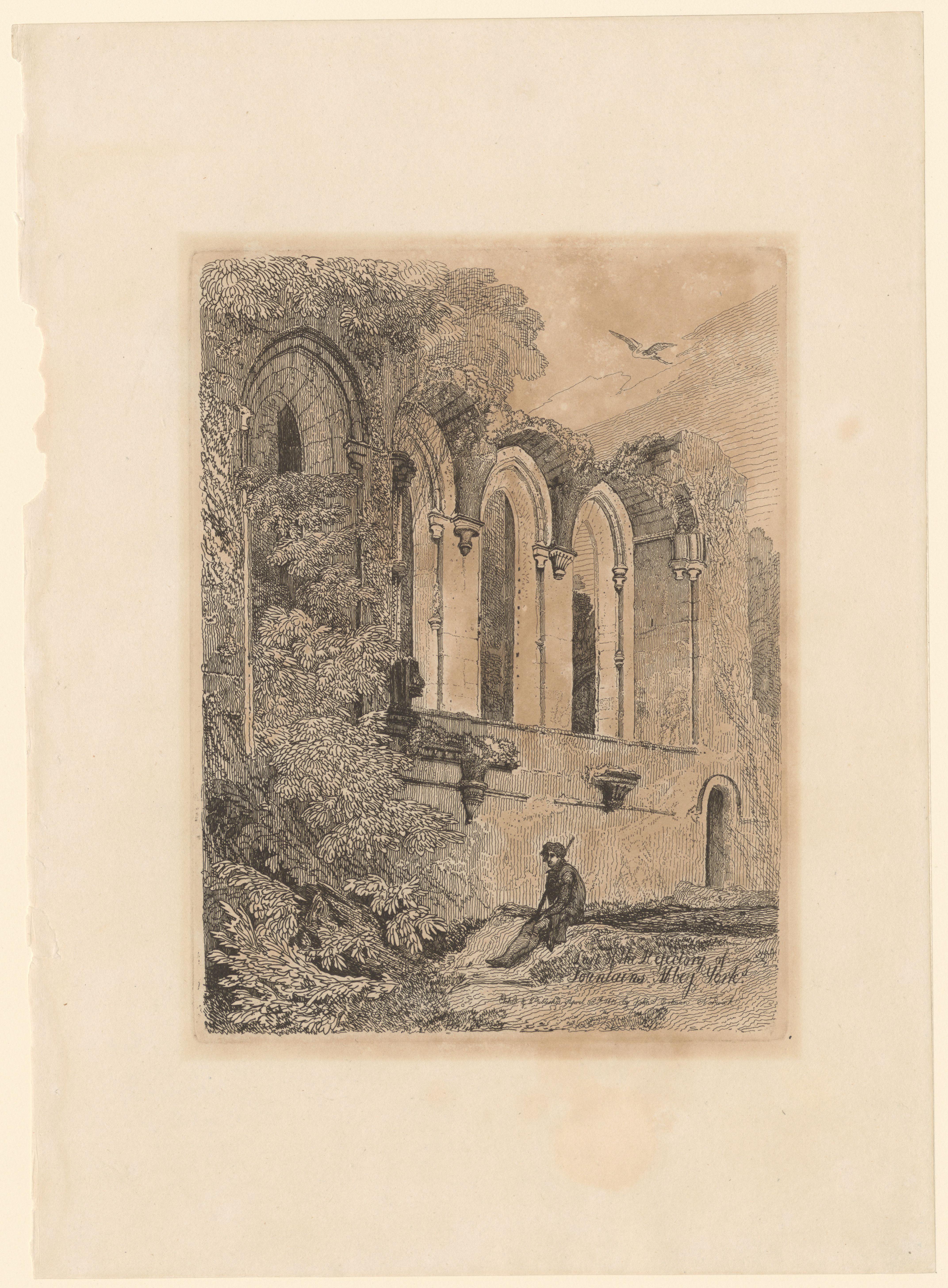 Wandelaar zit voor de ruïne van de refter van Fountains Abbey