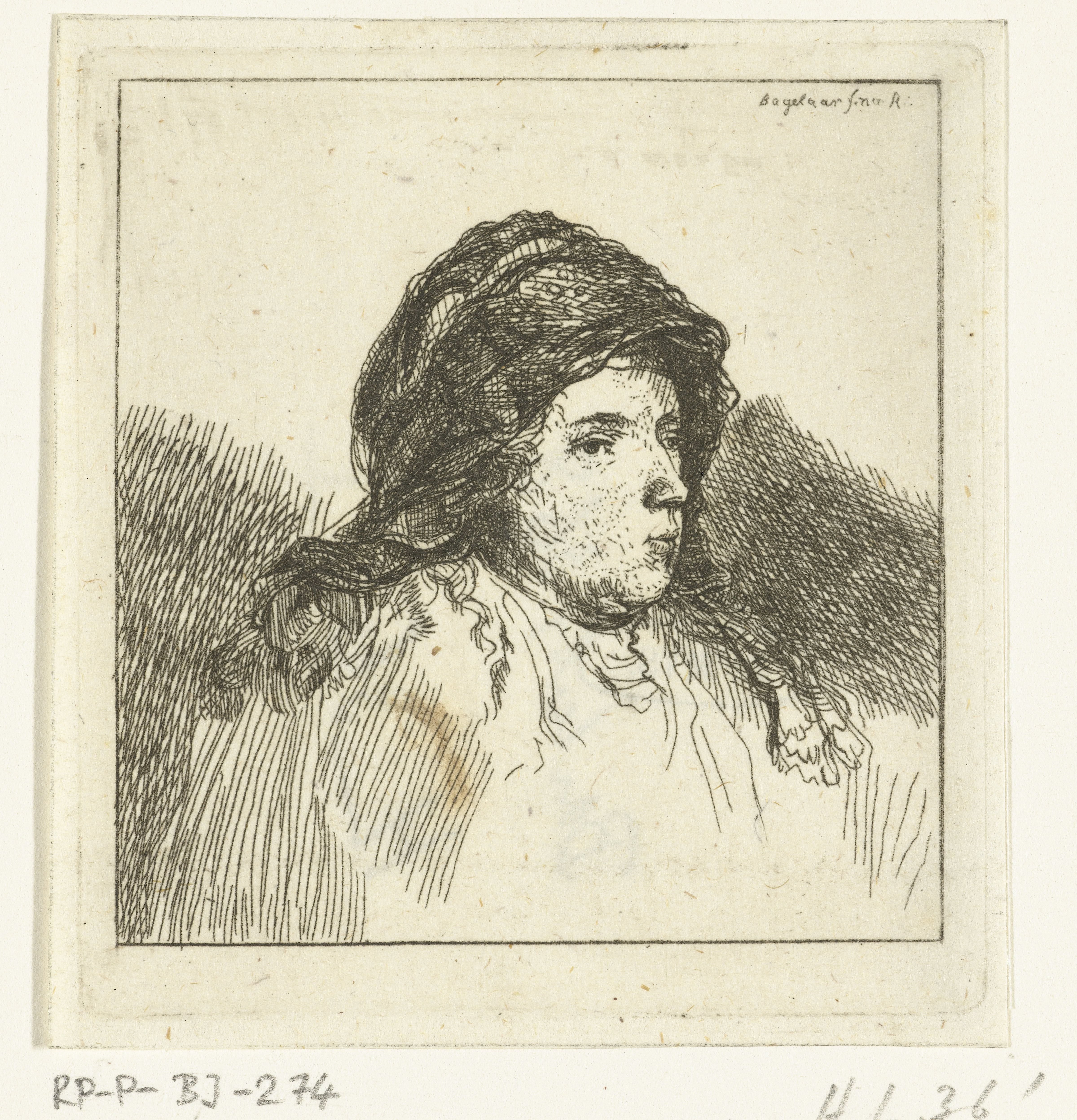 Portretbuste van een vrouw met doek om haar hoofd