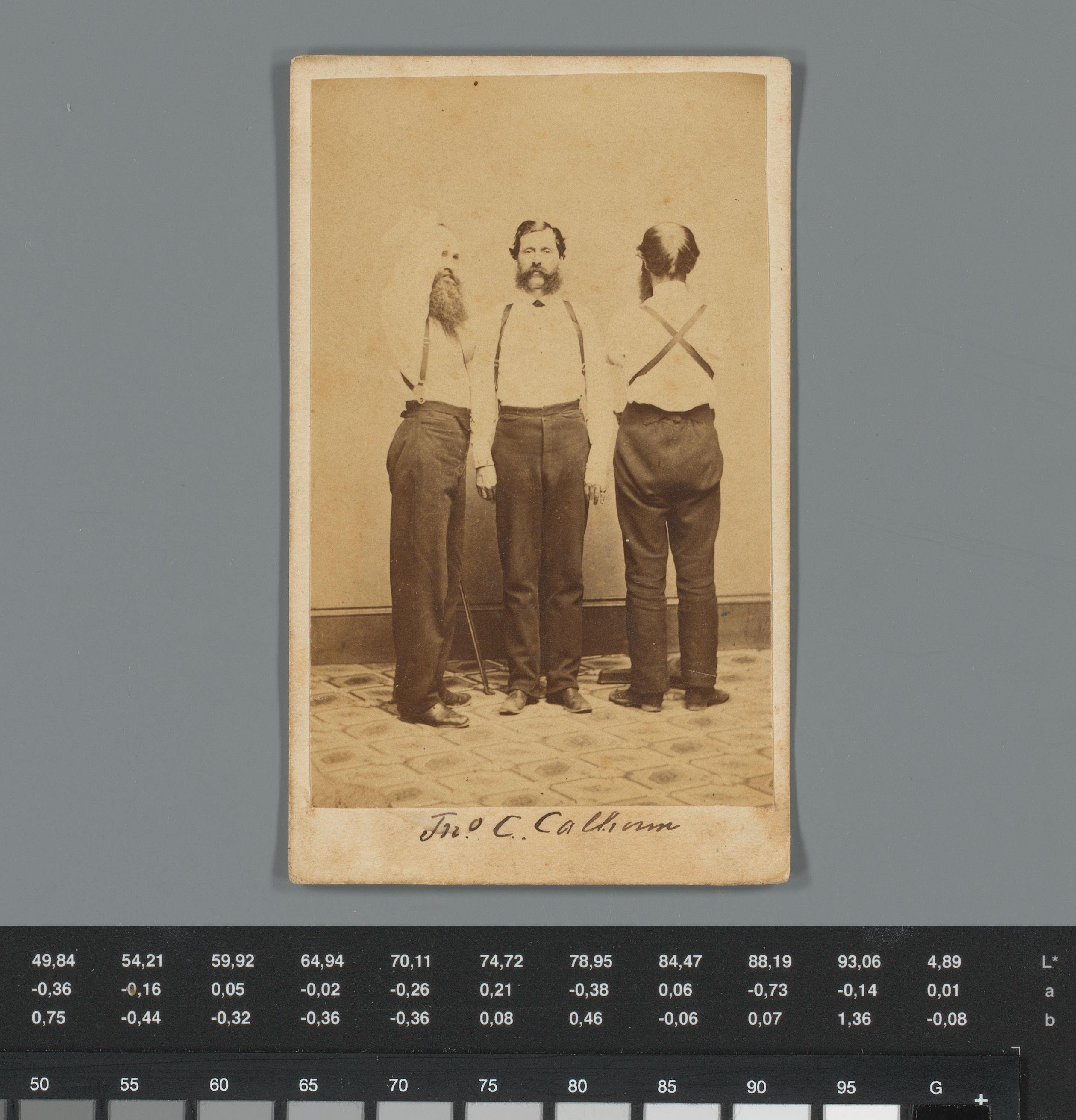 Reclame voor bretels van C. H. Clevelands in New York met portret van drie onbekende mannen