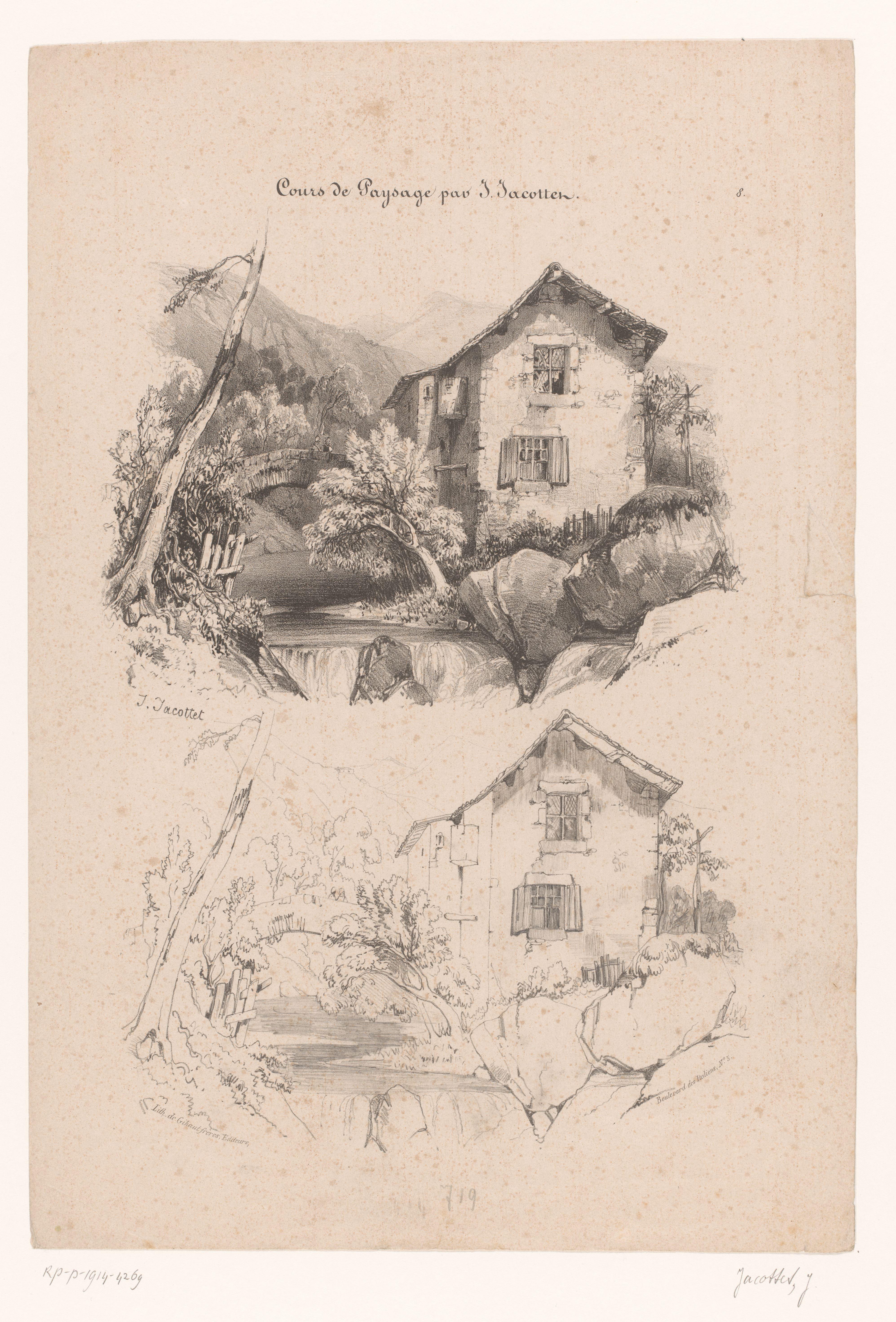 Berglandschap met huis en brug in twee tekenstappen