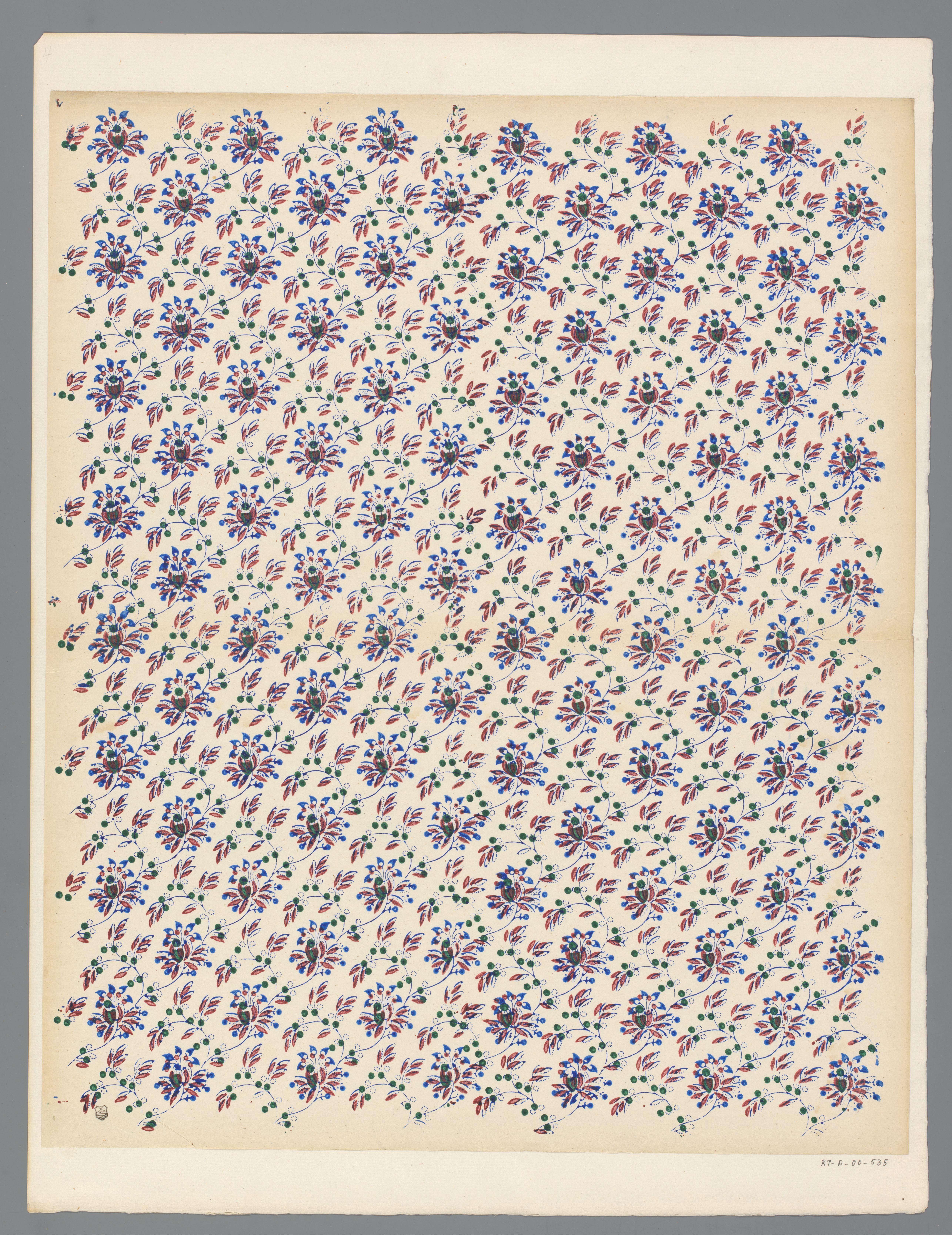 Blad met strooipatroon van ranken met bloemen, bladeren en vruchten
