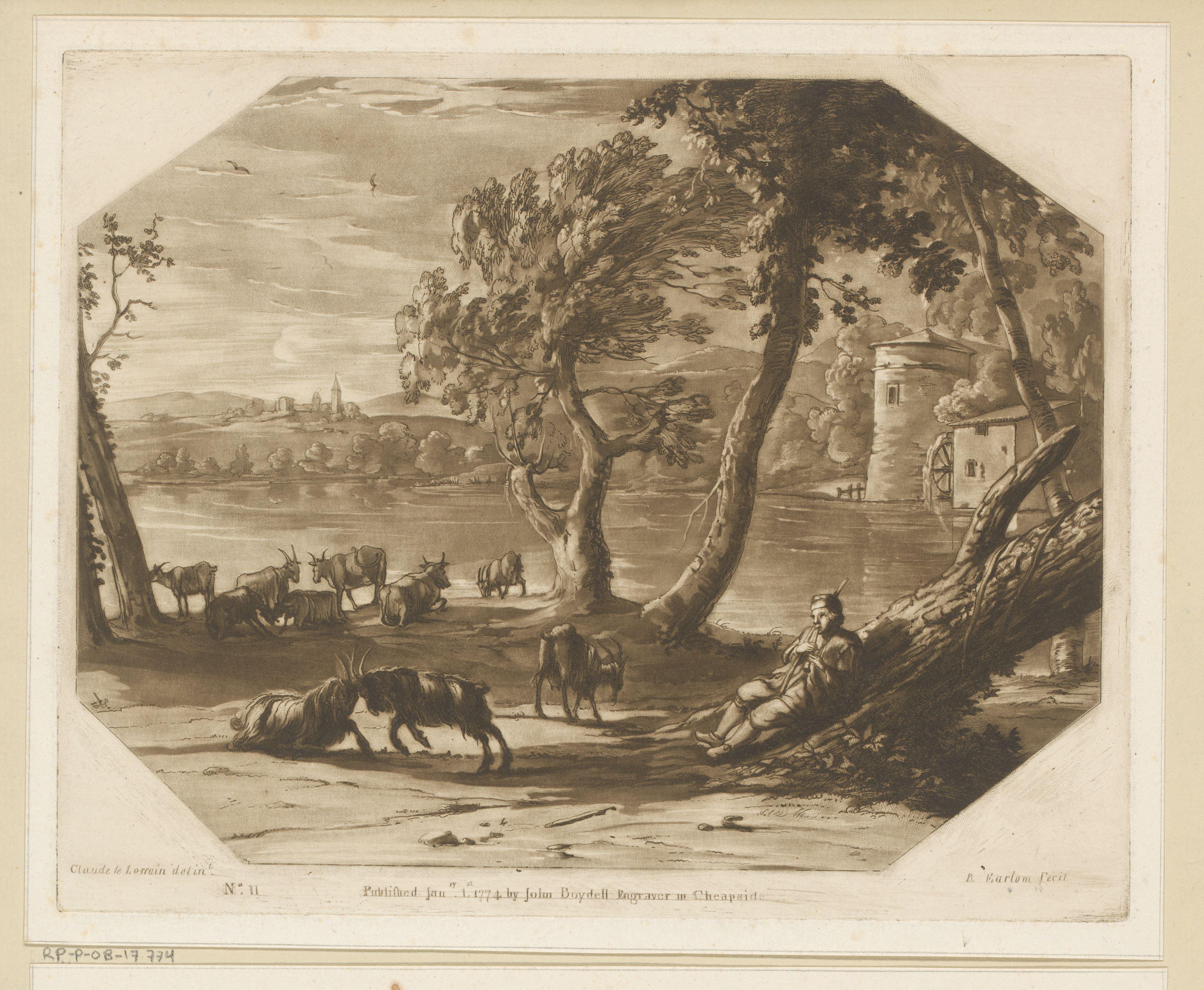 Landschap met herder en vee aan de oever van een rivier