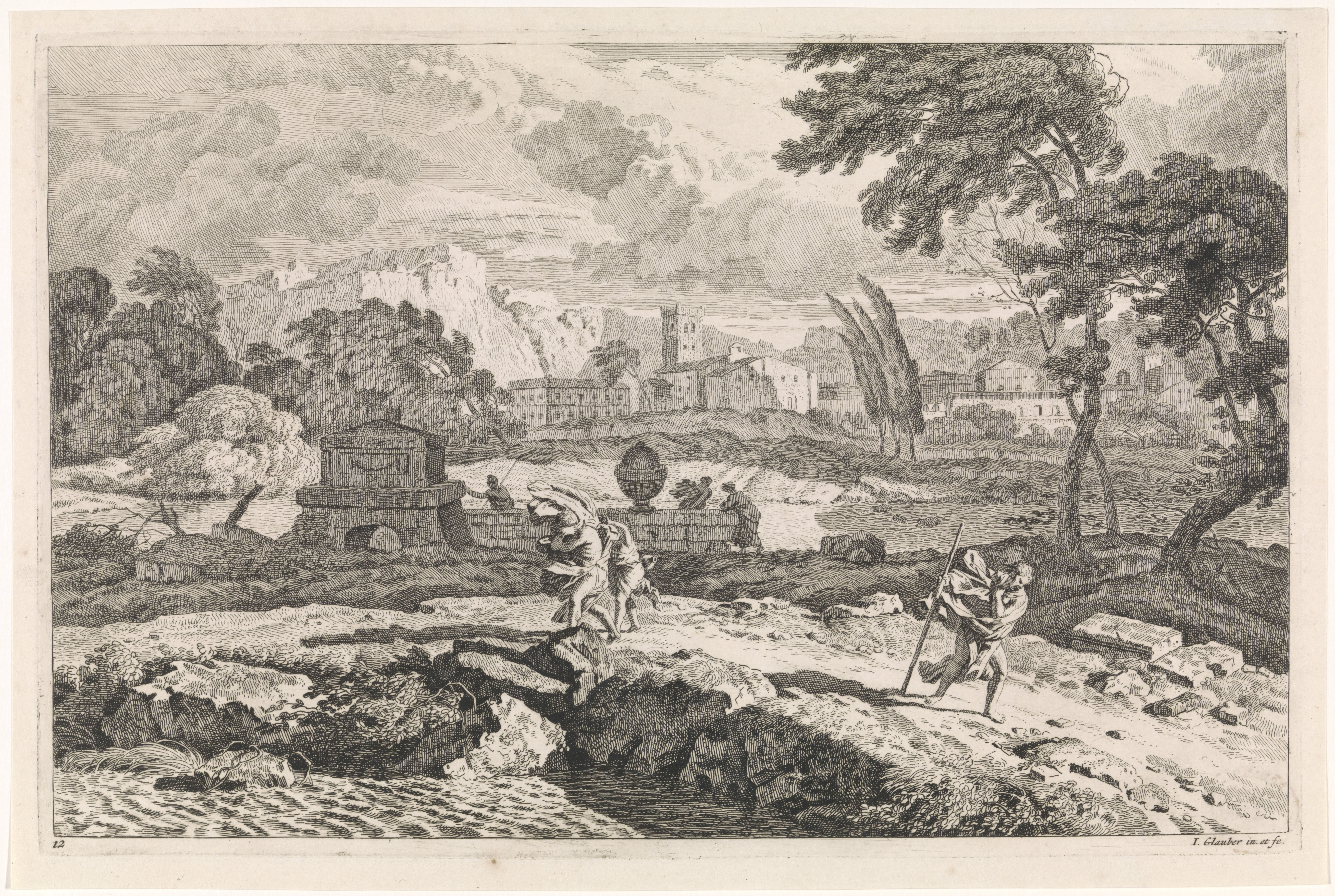 Arcadisch landschap met wandelaars in een storm