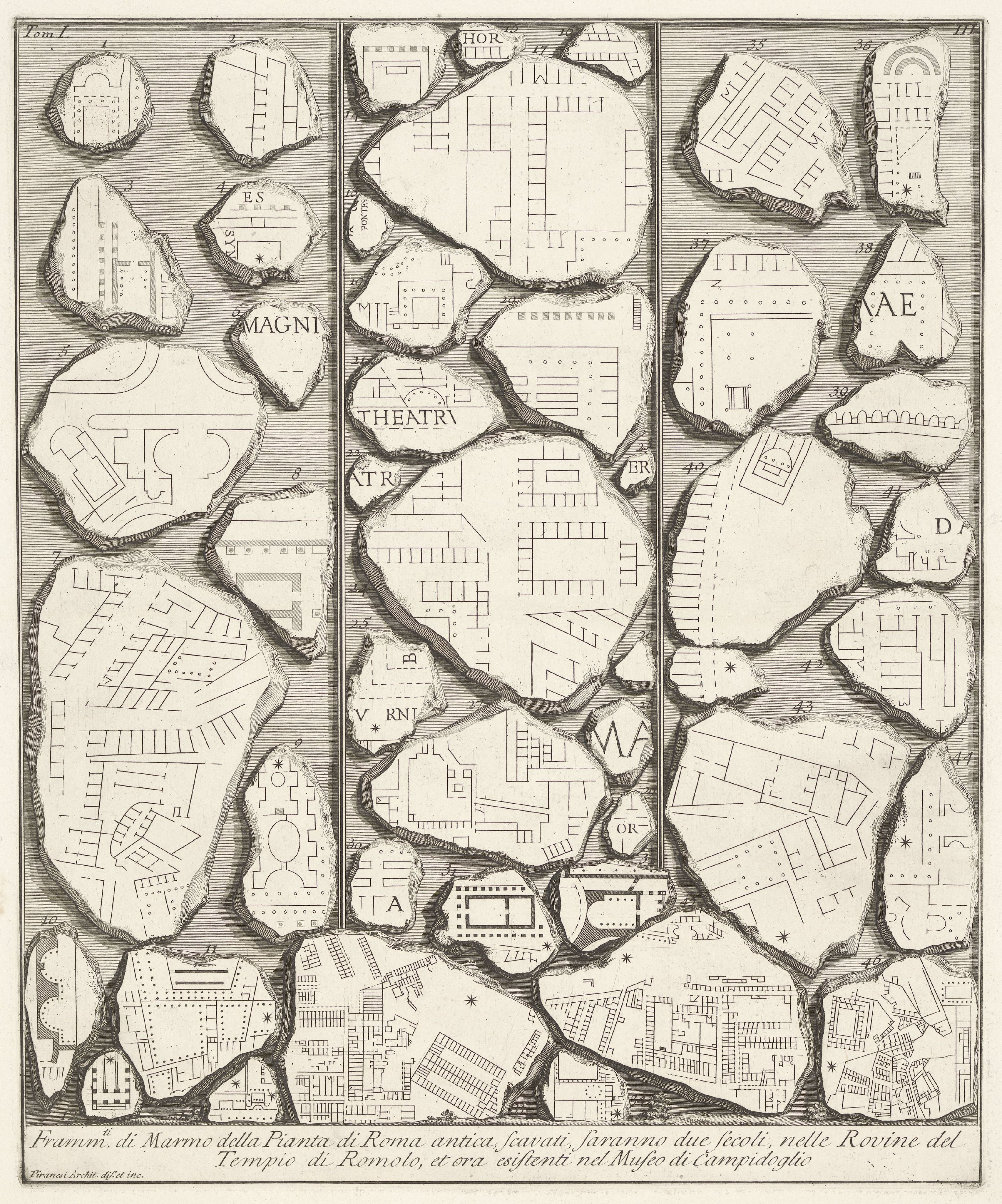 Marmerfragmenten met delen van een plattegrond van Rome