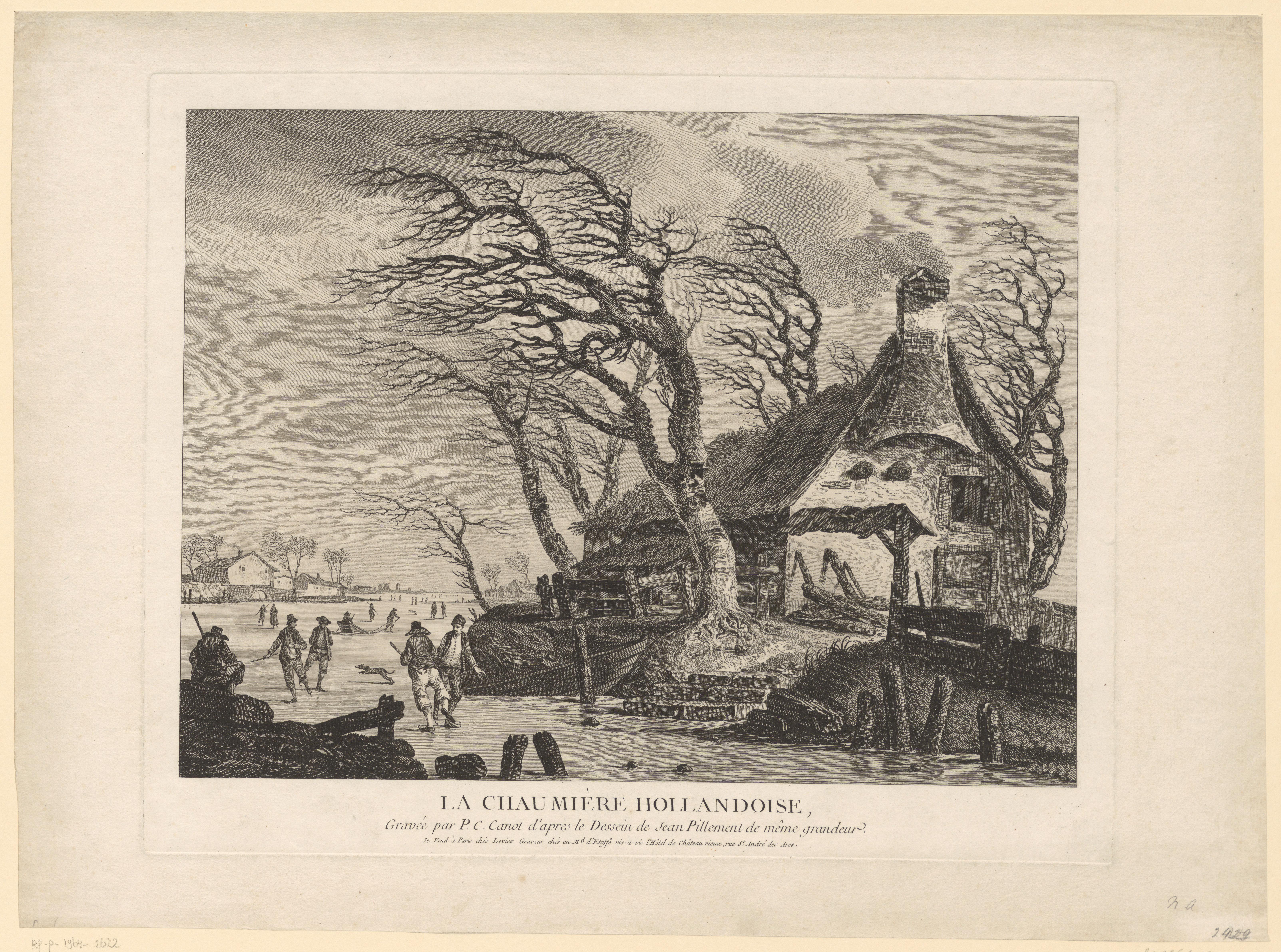 Winterlandschap met schaatsers bij een huis