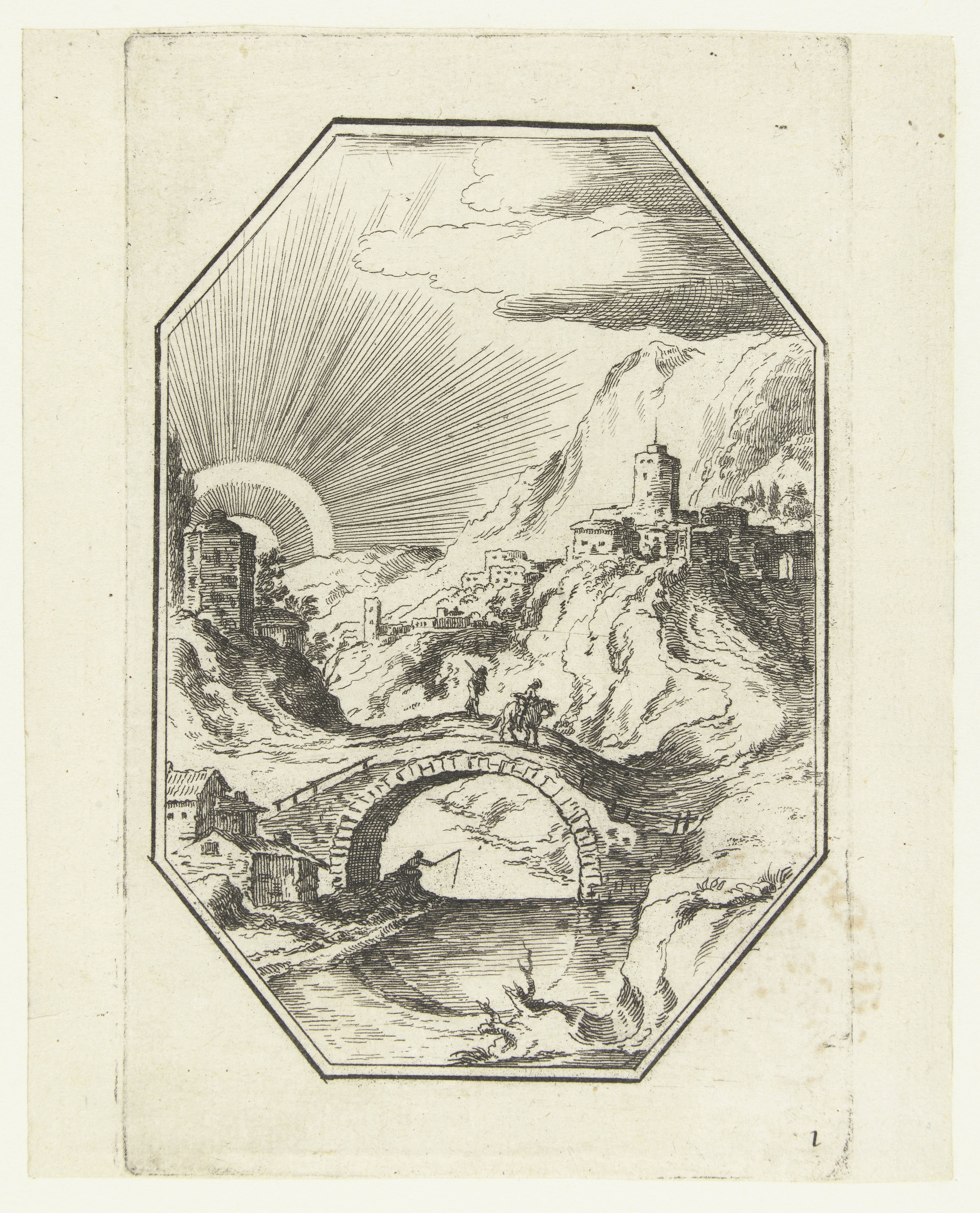 Landschap met stenen brug in octagonaal kader