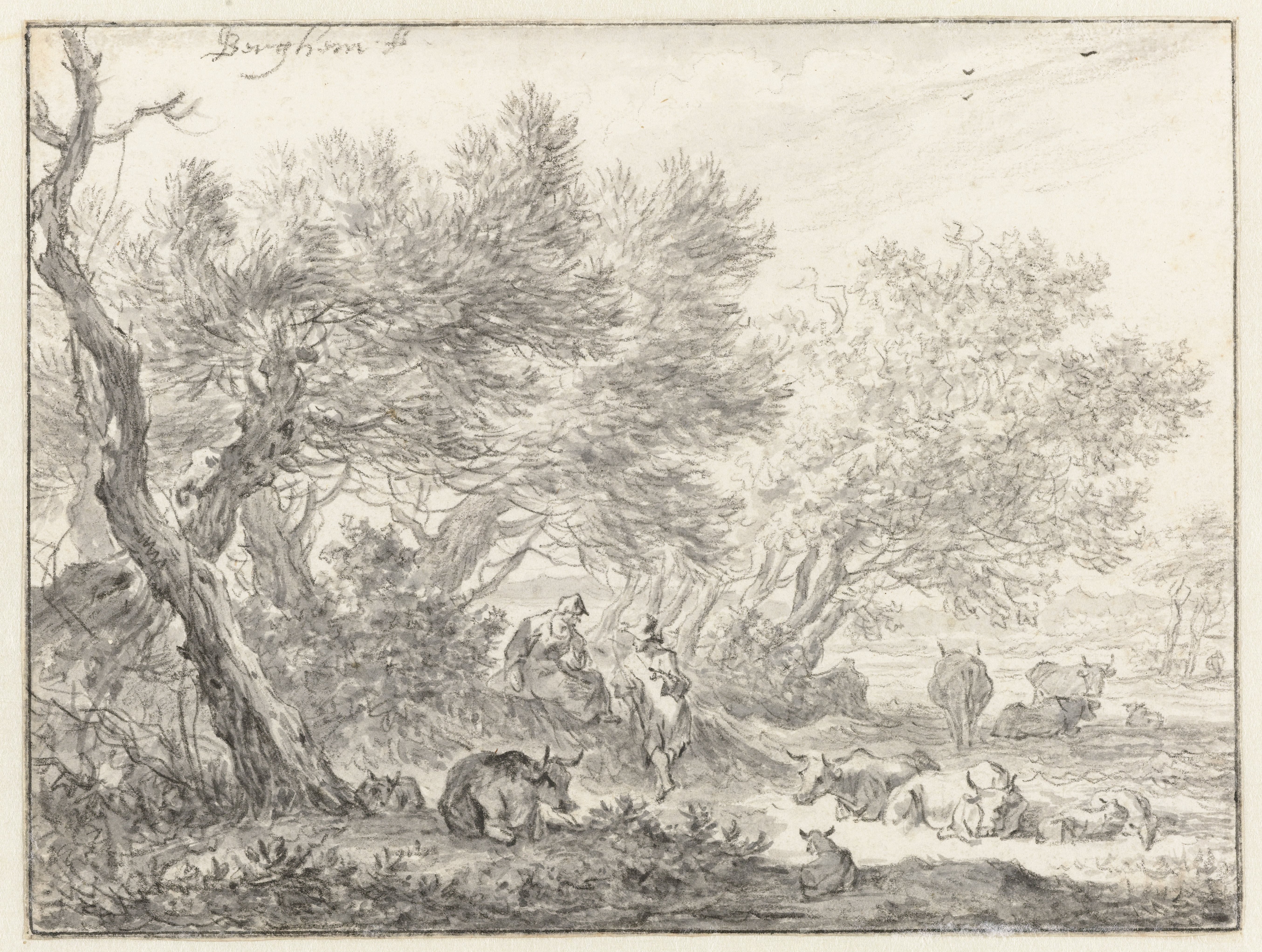 Herders en vee bij een groep bomen
