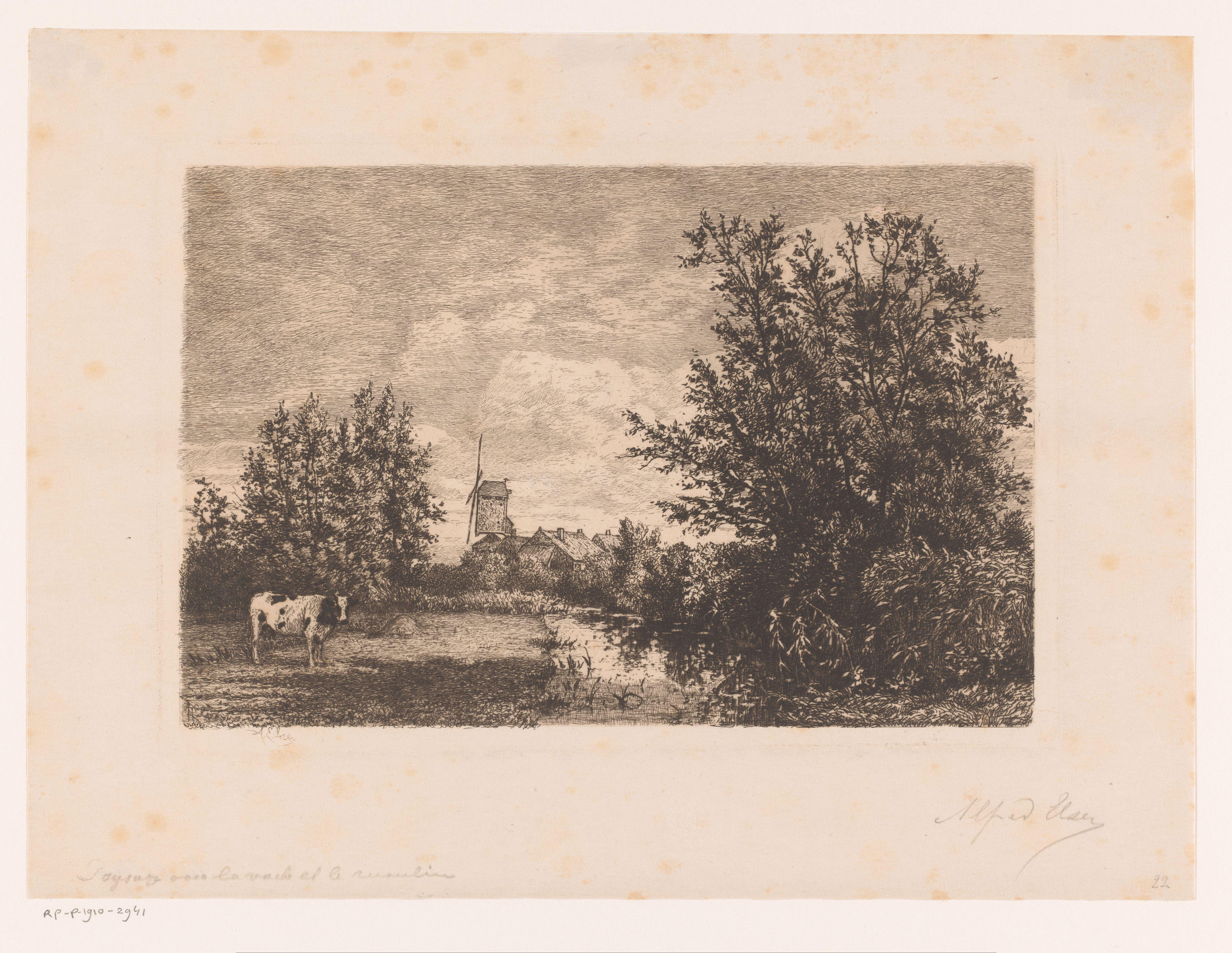 Landschap met molen en koe
