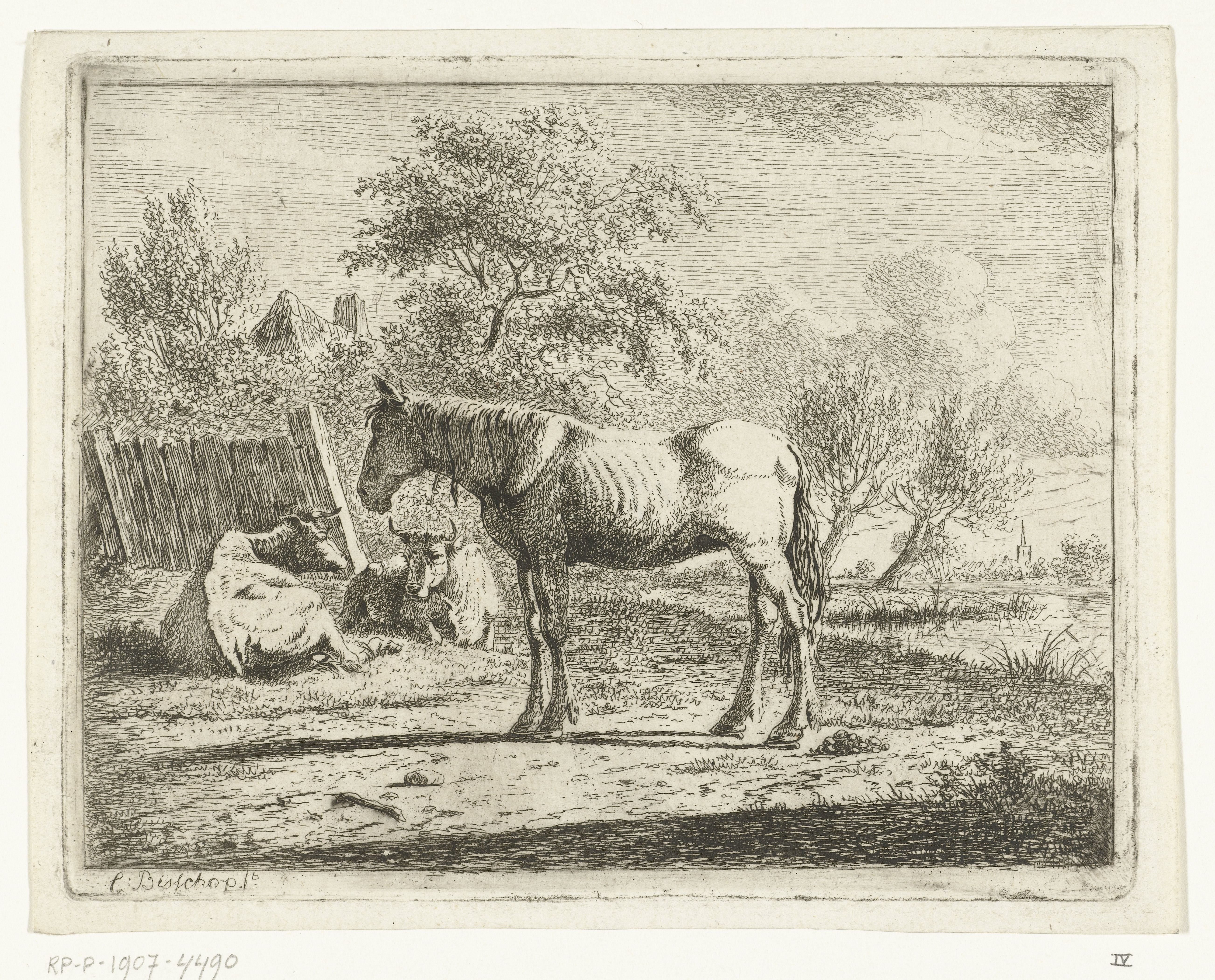 Landschap met paard en twee koeien bij boerderij aan water