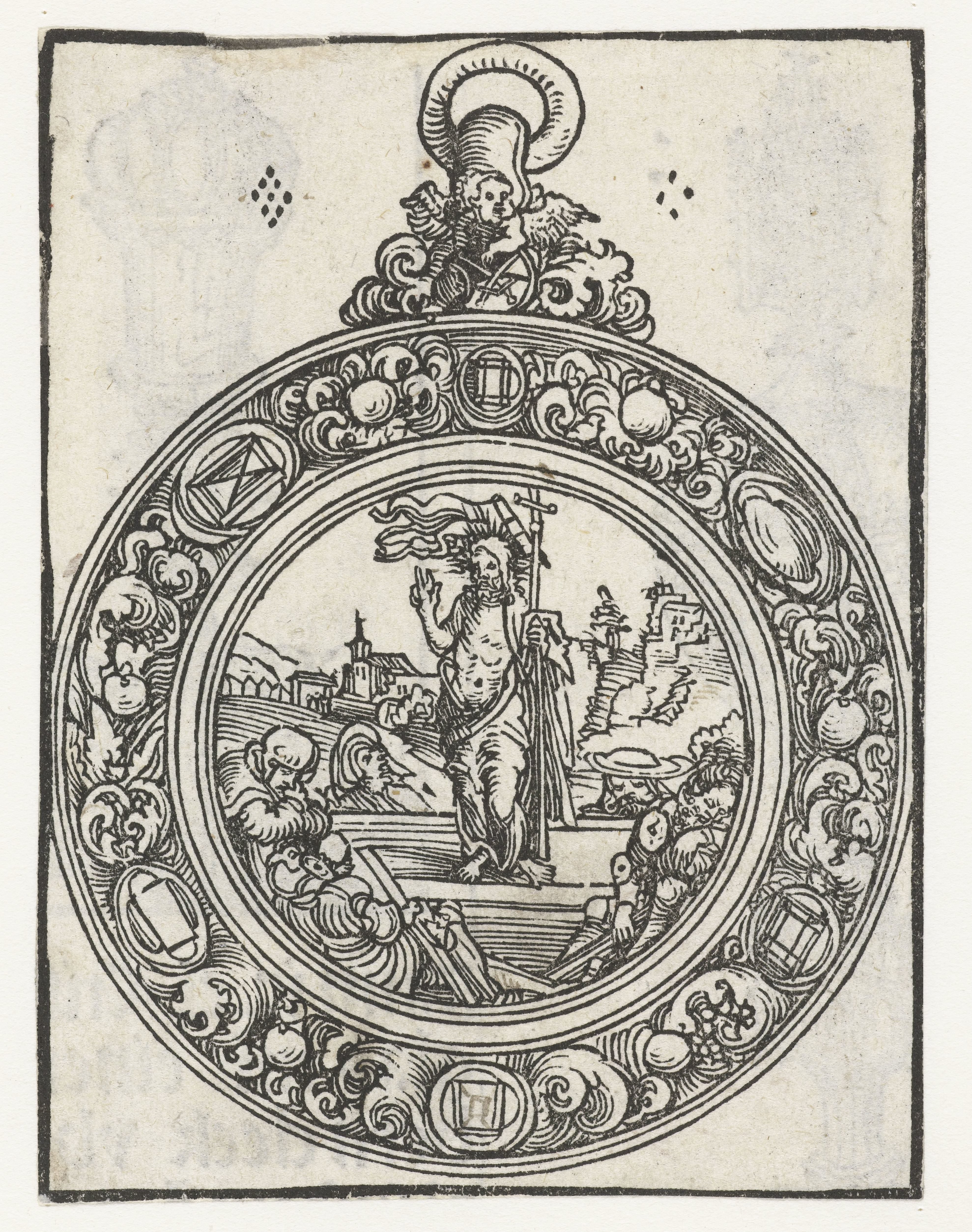 Reliekhouder in vorm van medaillon met de opstanding van Christus