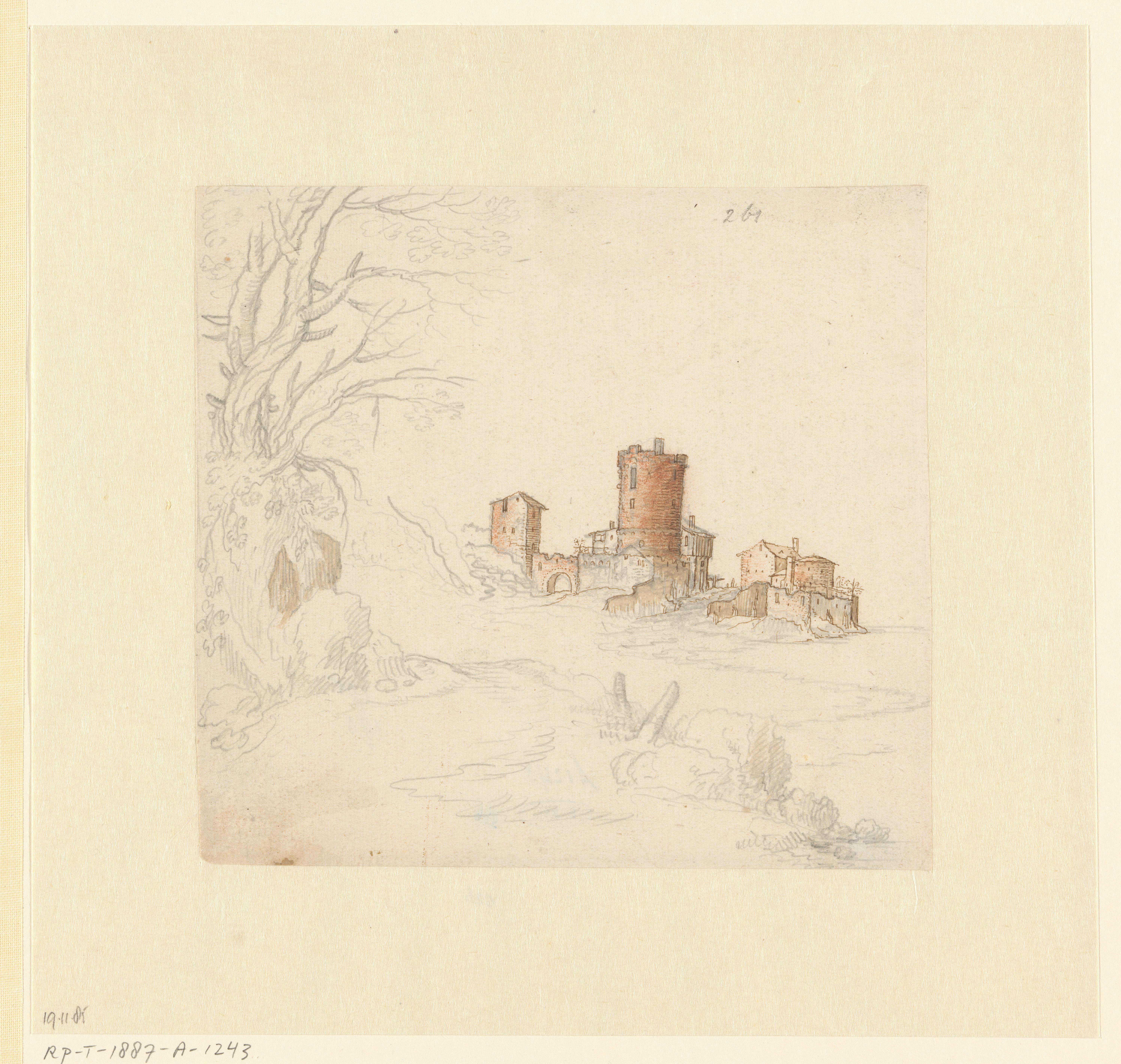 Landschap met gebouwen en een toren