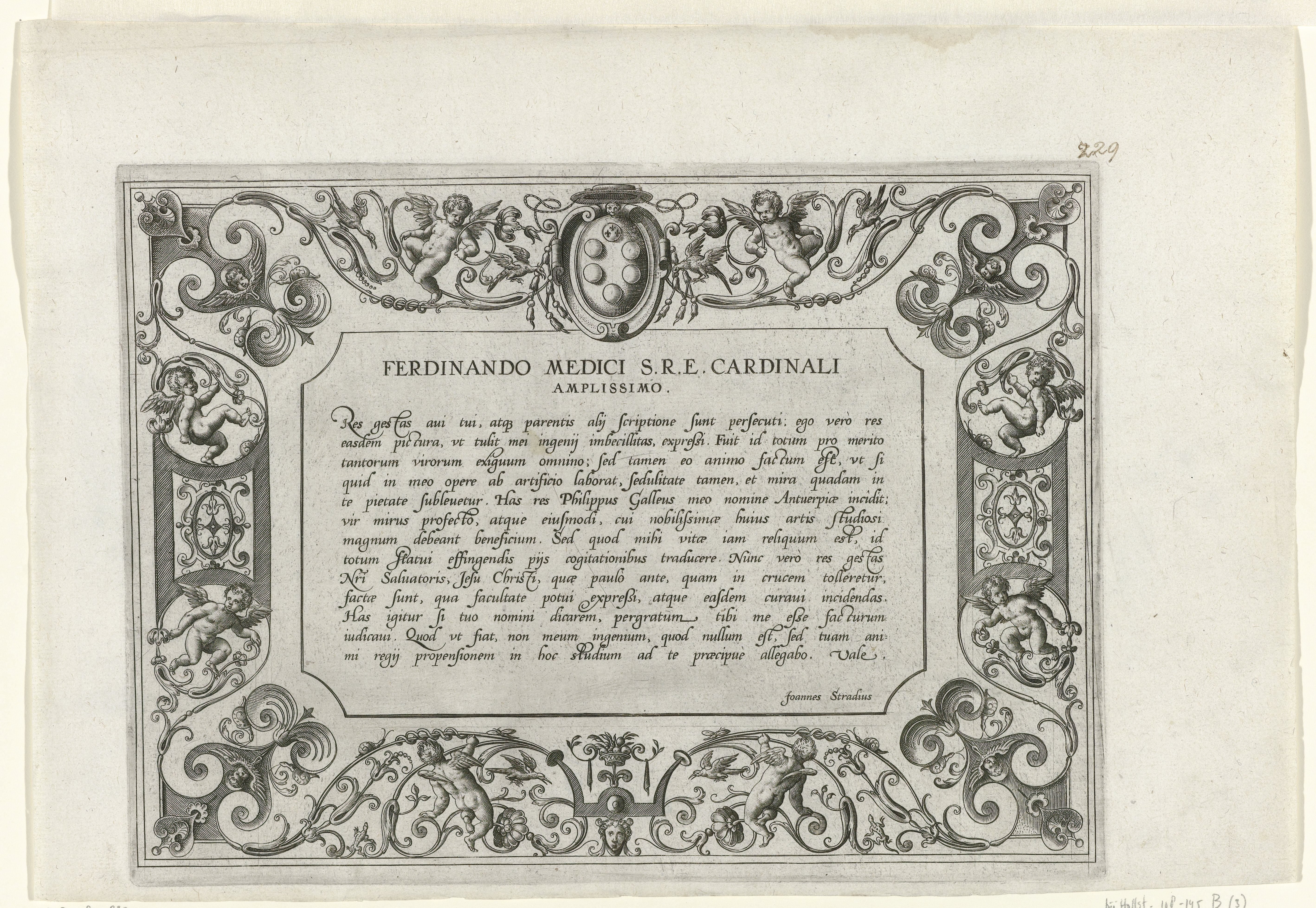 Dedicatie aan kardinaal Fernando De' Medici met ornamenten