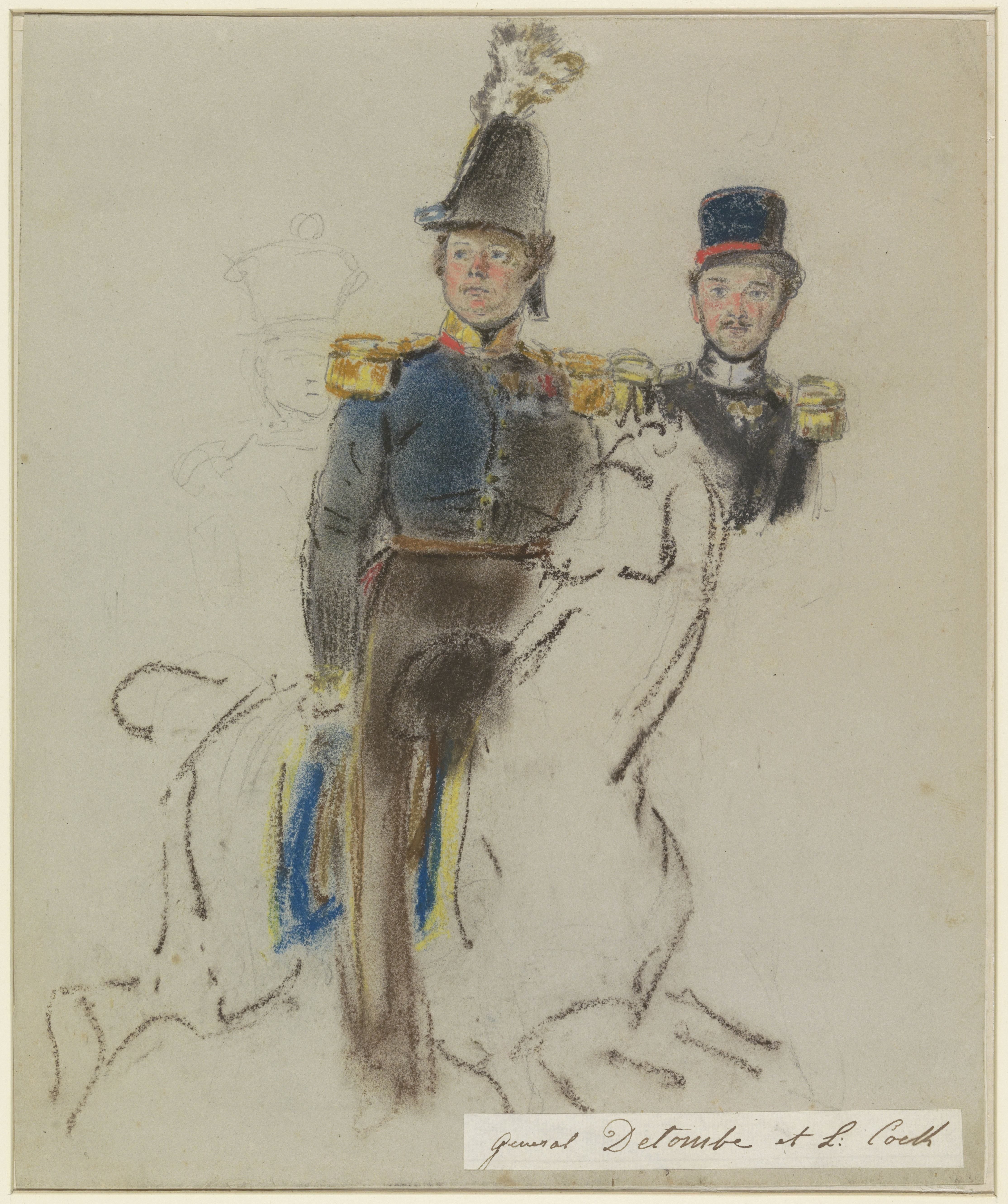 Portret van generaal des Tombe, te paard; rechts van hem een portret van L. Cock