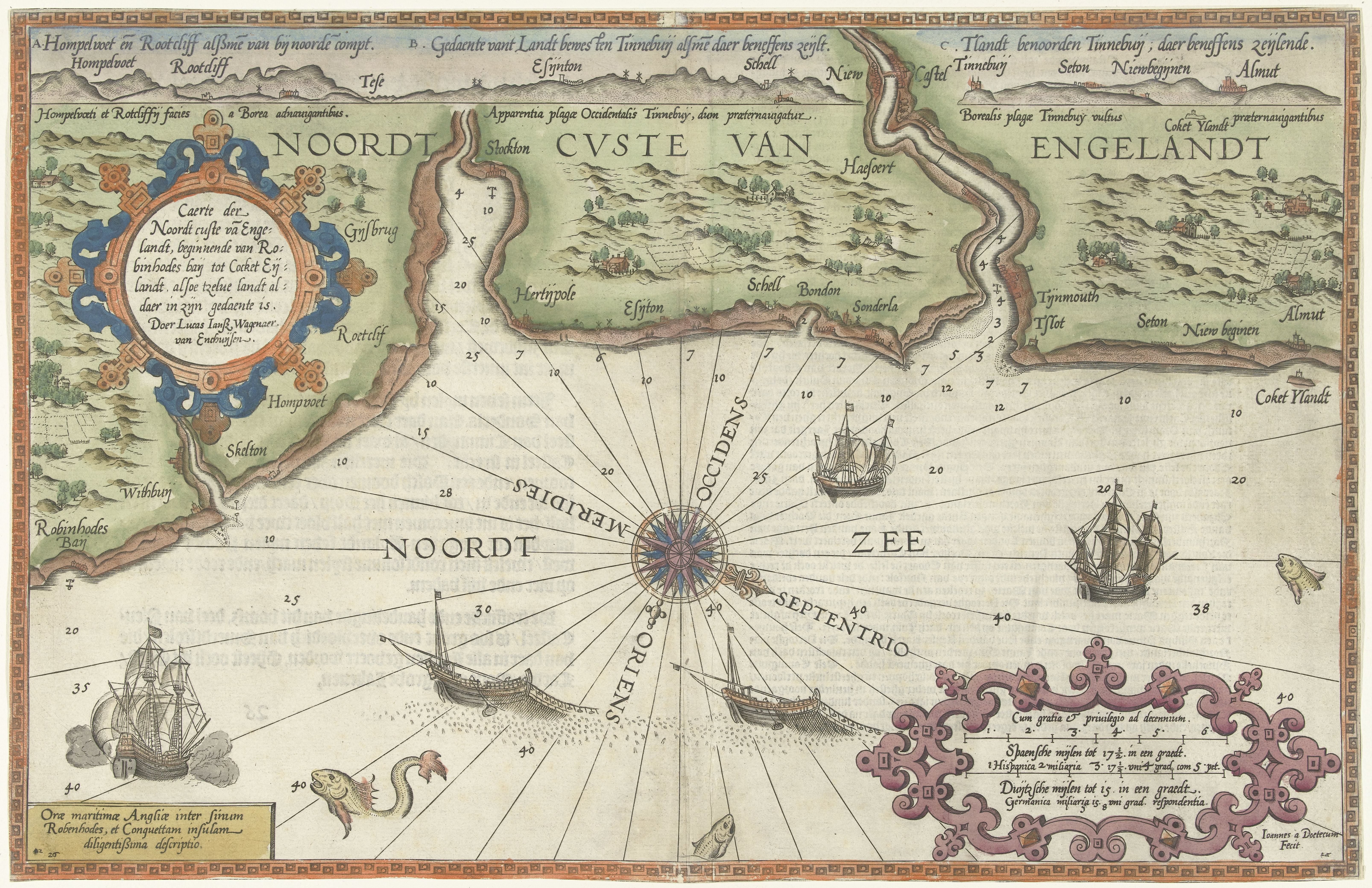 Kaart van de noordkust van Engeland bij Newcastle upon Tyne