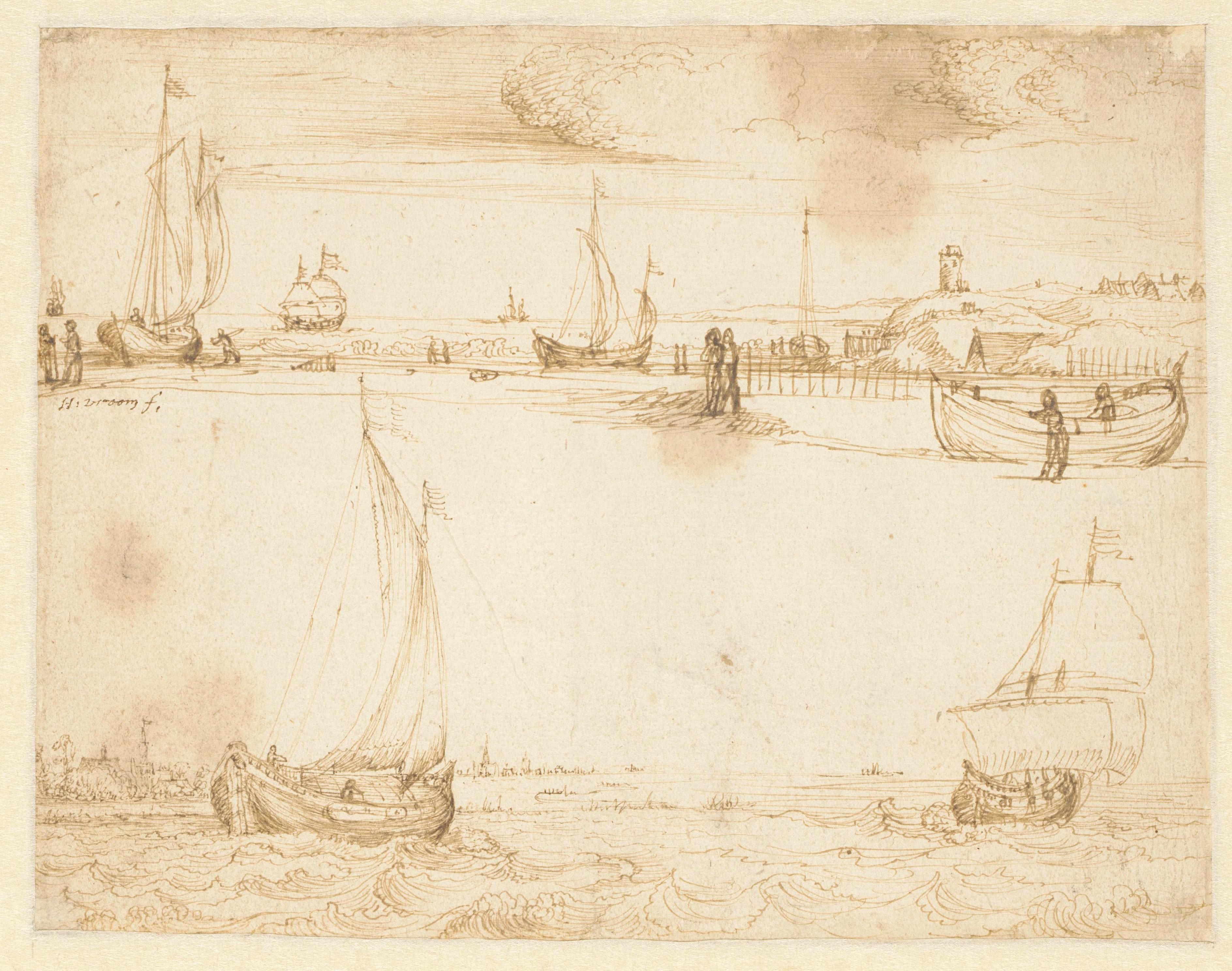 Zeegezicht met duinen en rechts een vuurtoren; zeegezicht met schepen op de Zuiderzee