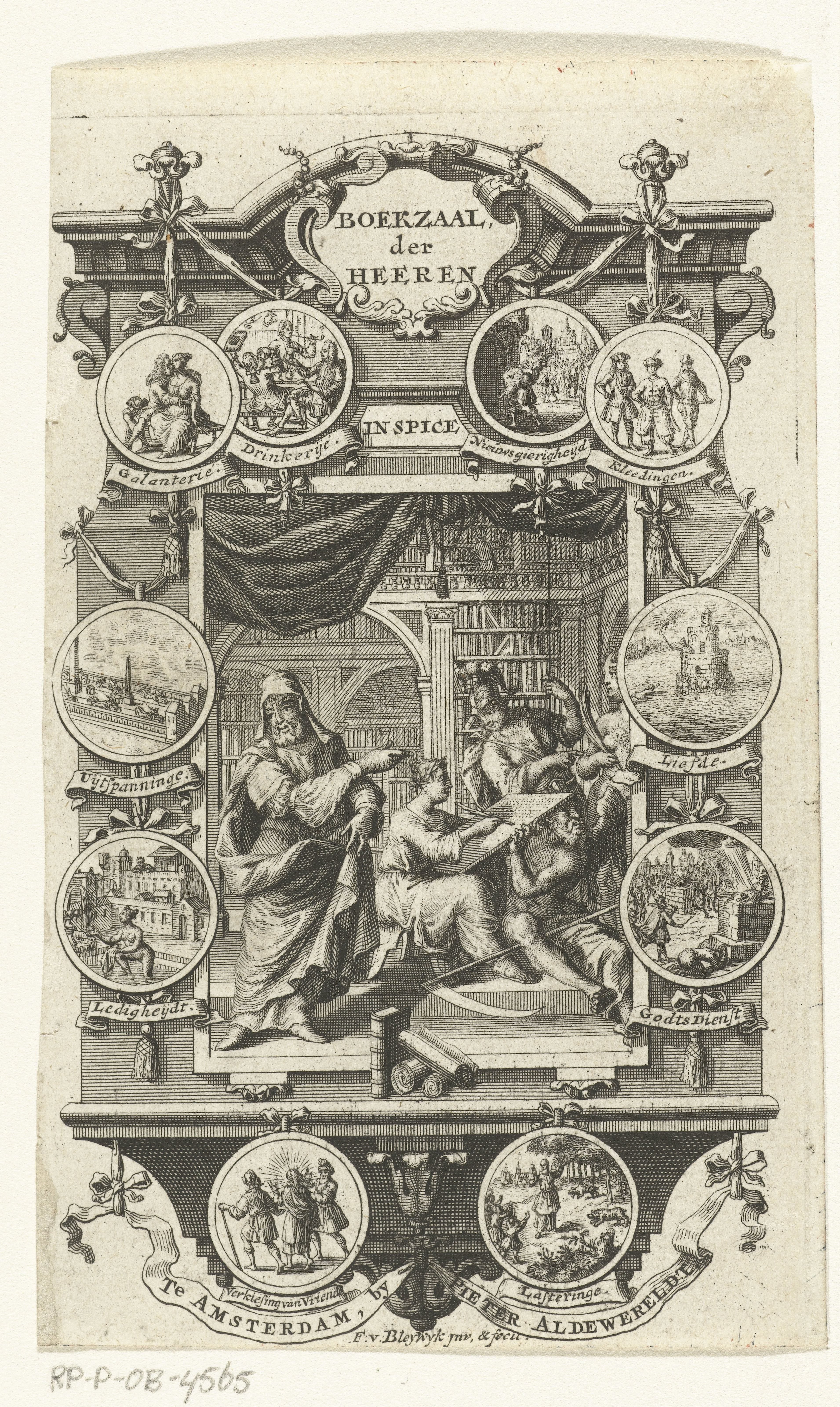 Interieur van bibliotheek met Geschiedenis en Vader Tijd in omlijsting met medaillons waarop onderwerpen van literatuur staan