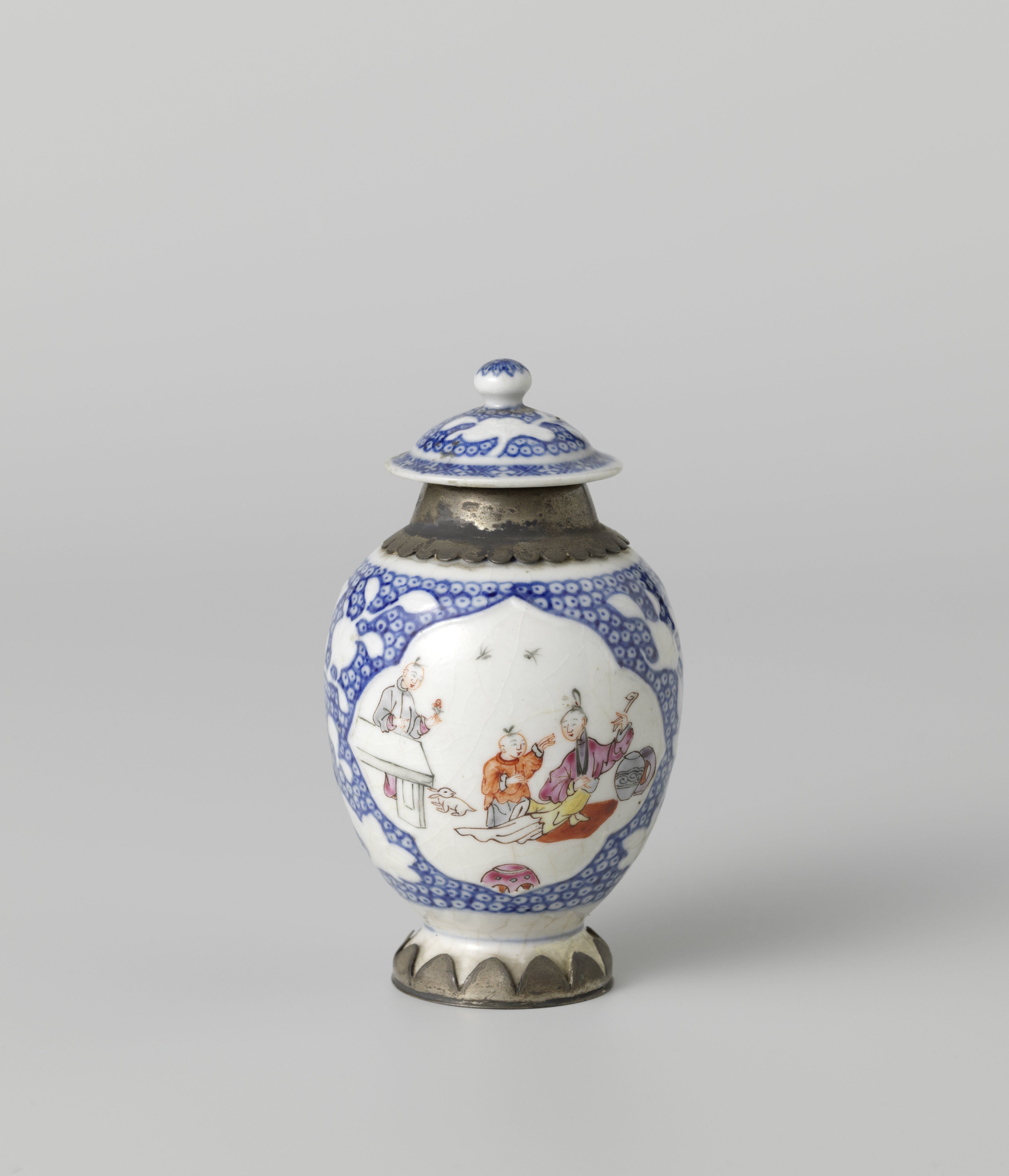 Ovoid tea caddy with women, boy and silver mounts