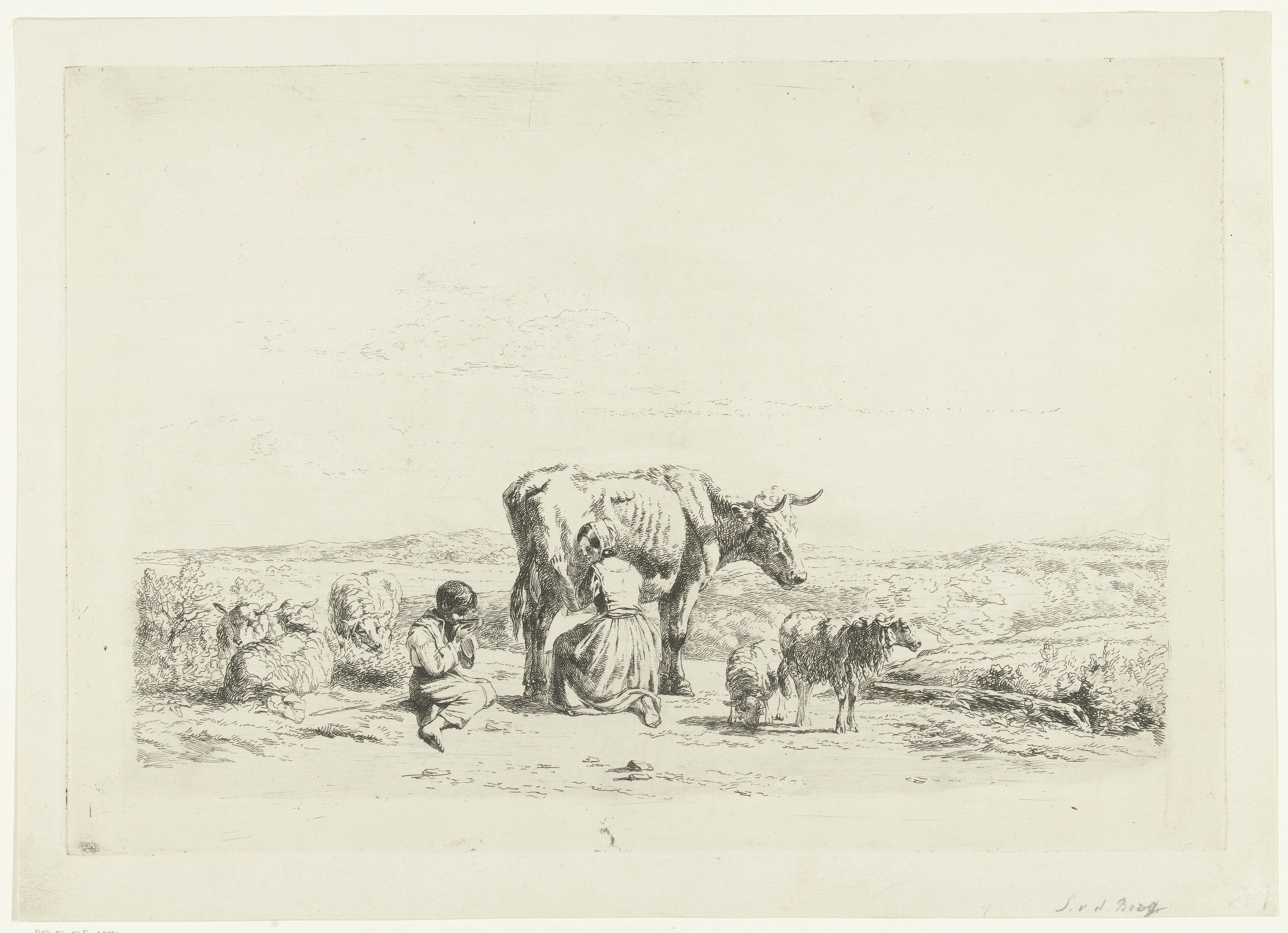 Landschap met vrouw die koe melkt en jongen met schapen