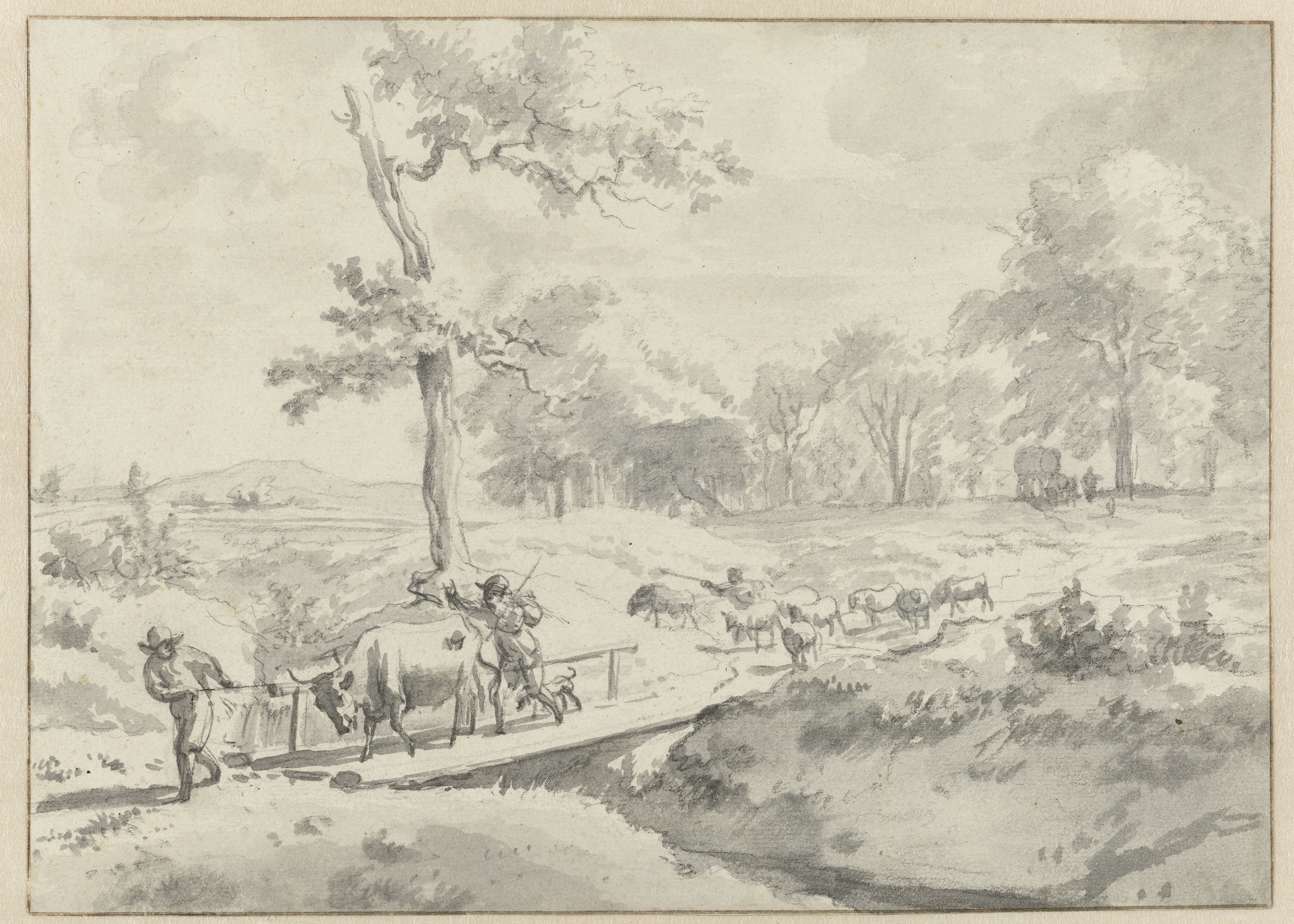 Landschap met herders bij een bruggetje
