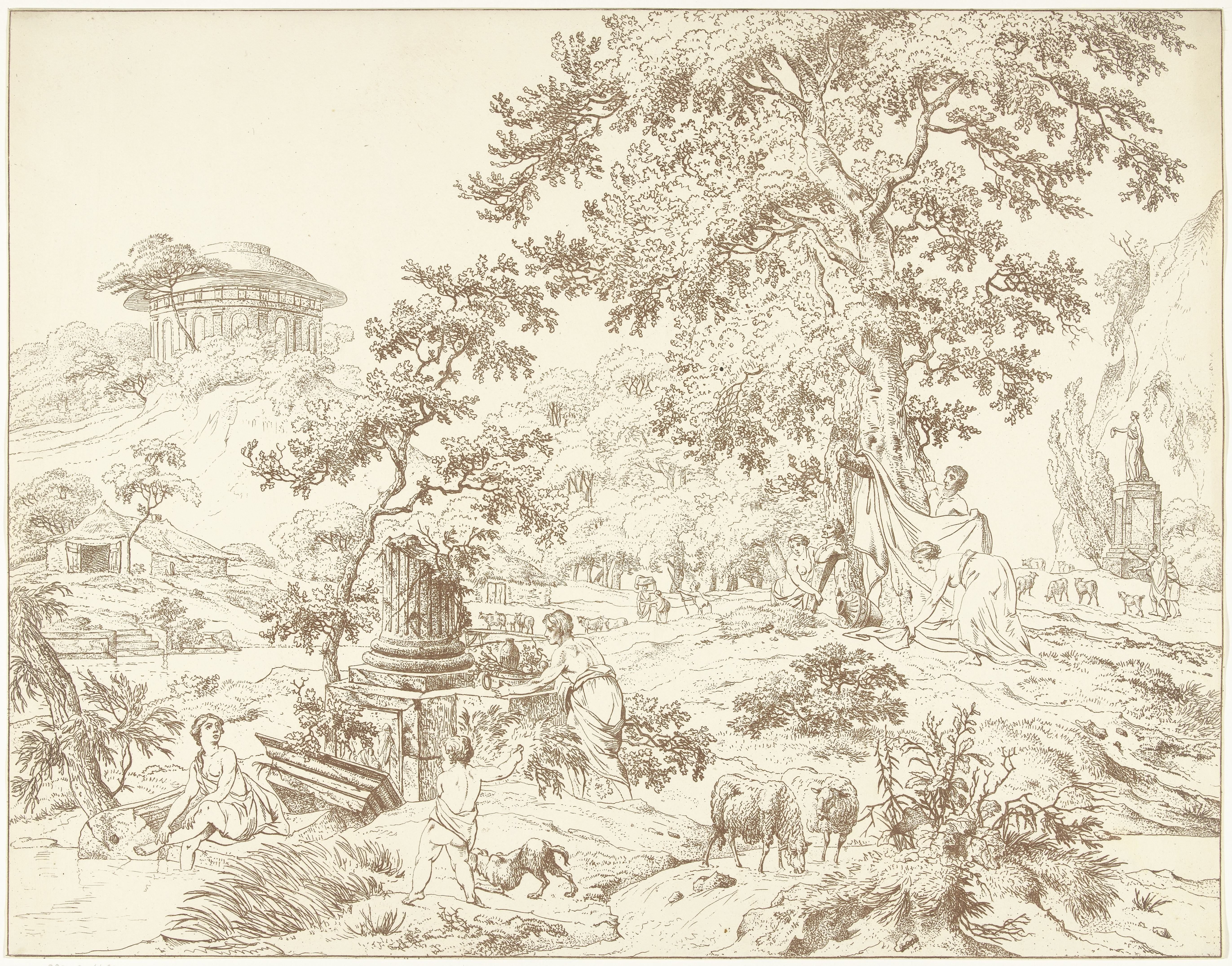 Arkadisch landschap met voetbadende vrouw