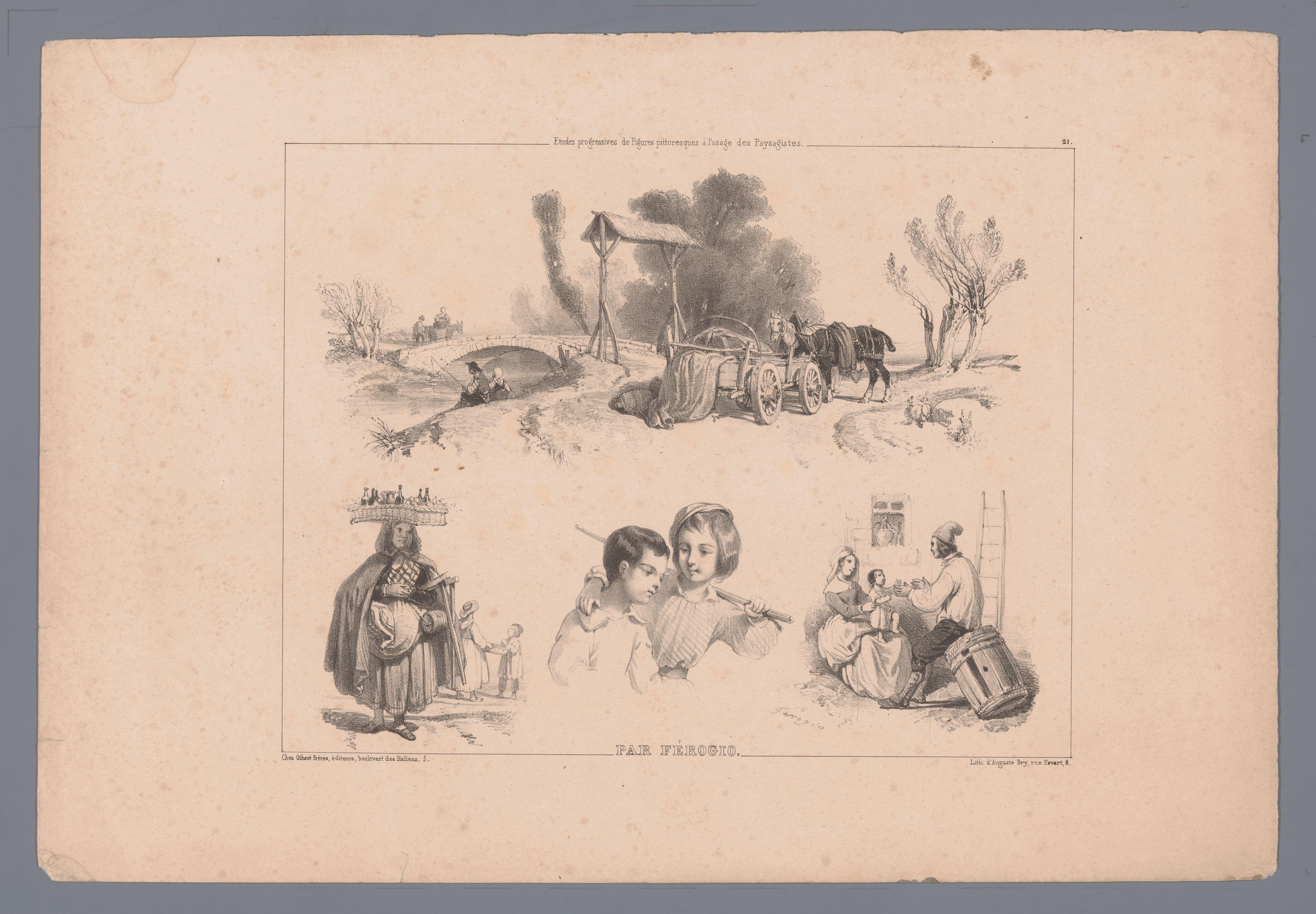 Landschap wagen, paarden en brug, en drie voorstellingen van figuren