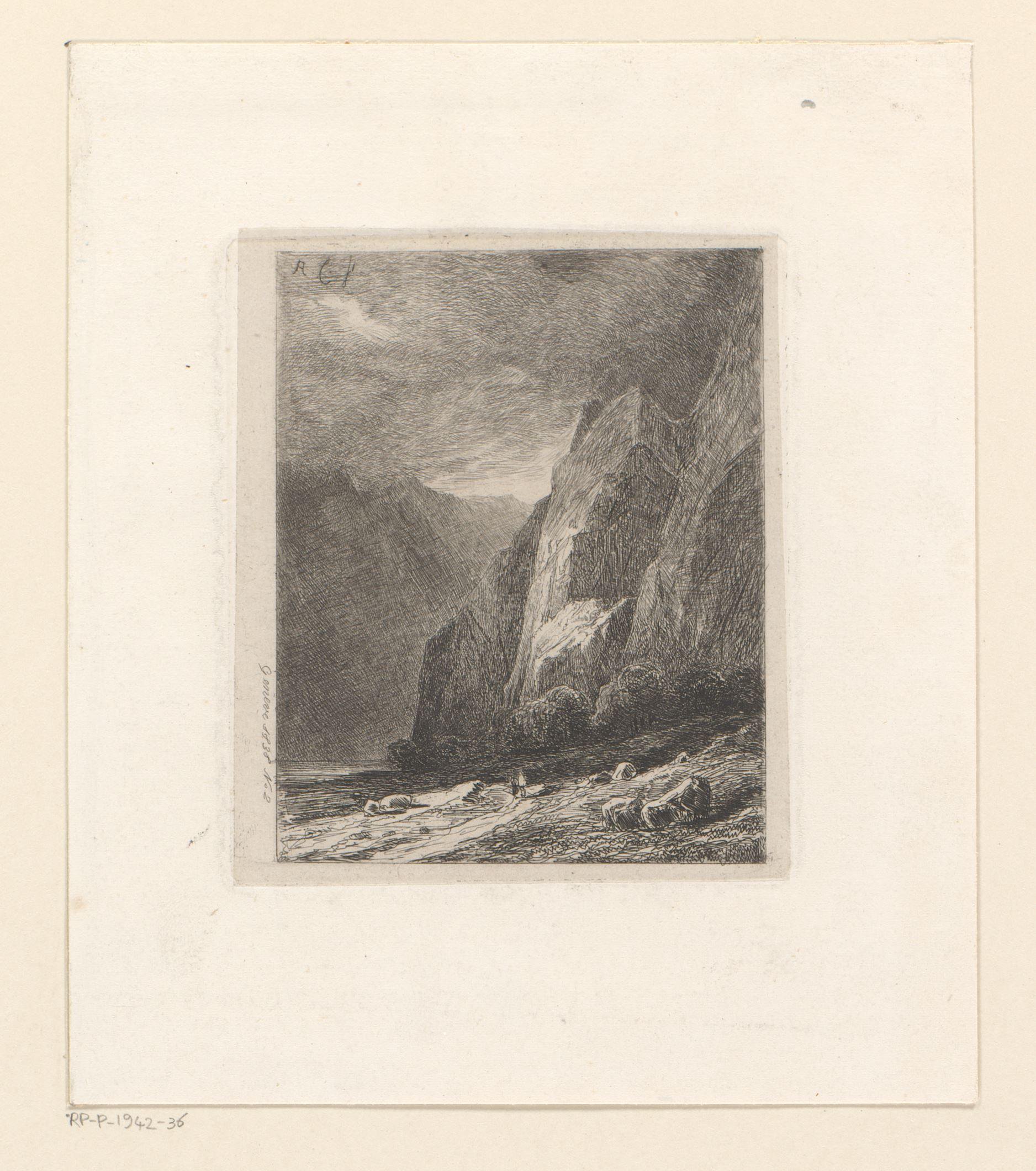 Berglandschap met figuren aan een meer