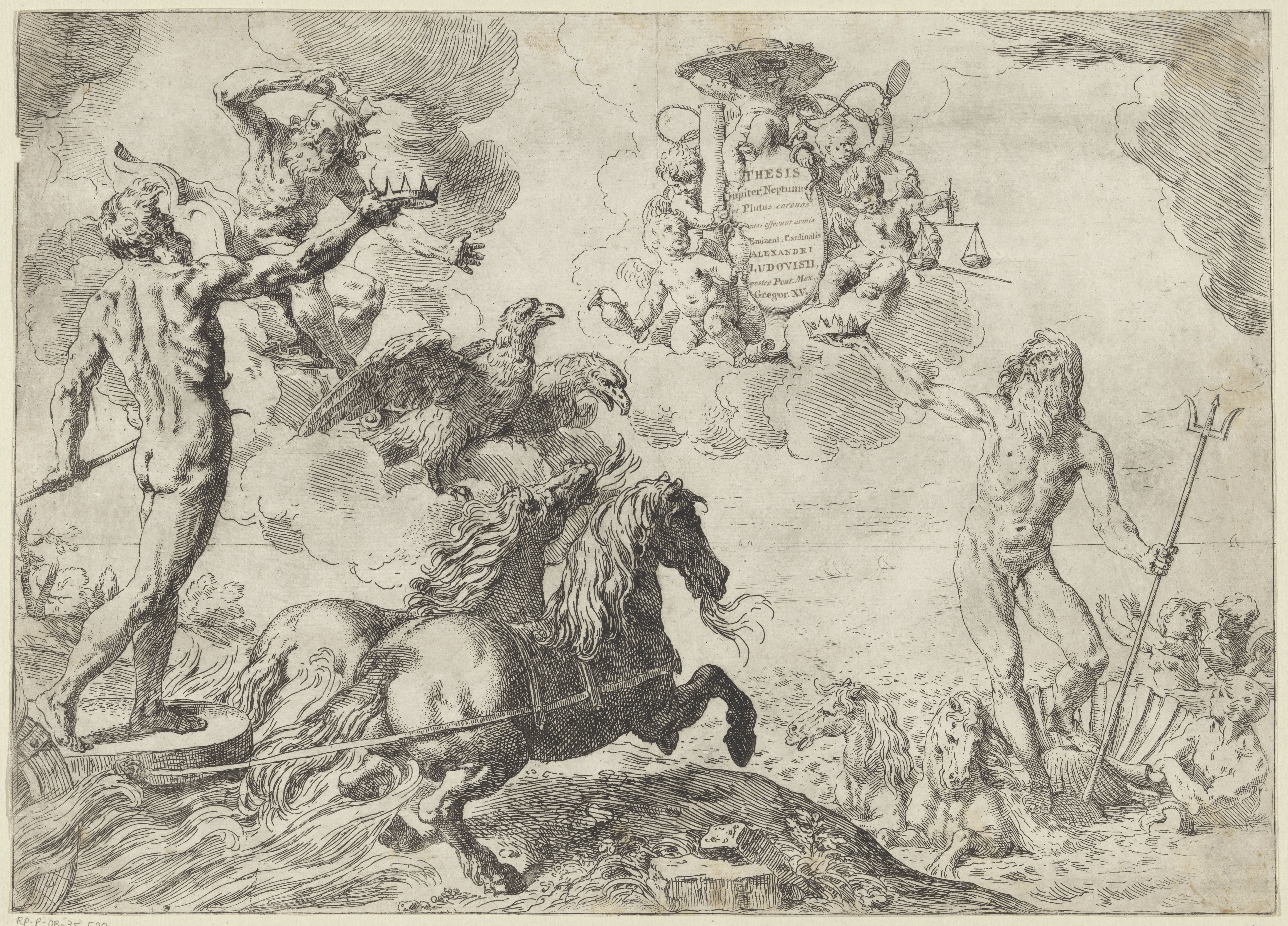 Jupiter, Neptunus en Pluto bieden hun kroon aan het wapen van kardinaal Scipione Borghese aan