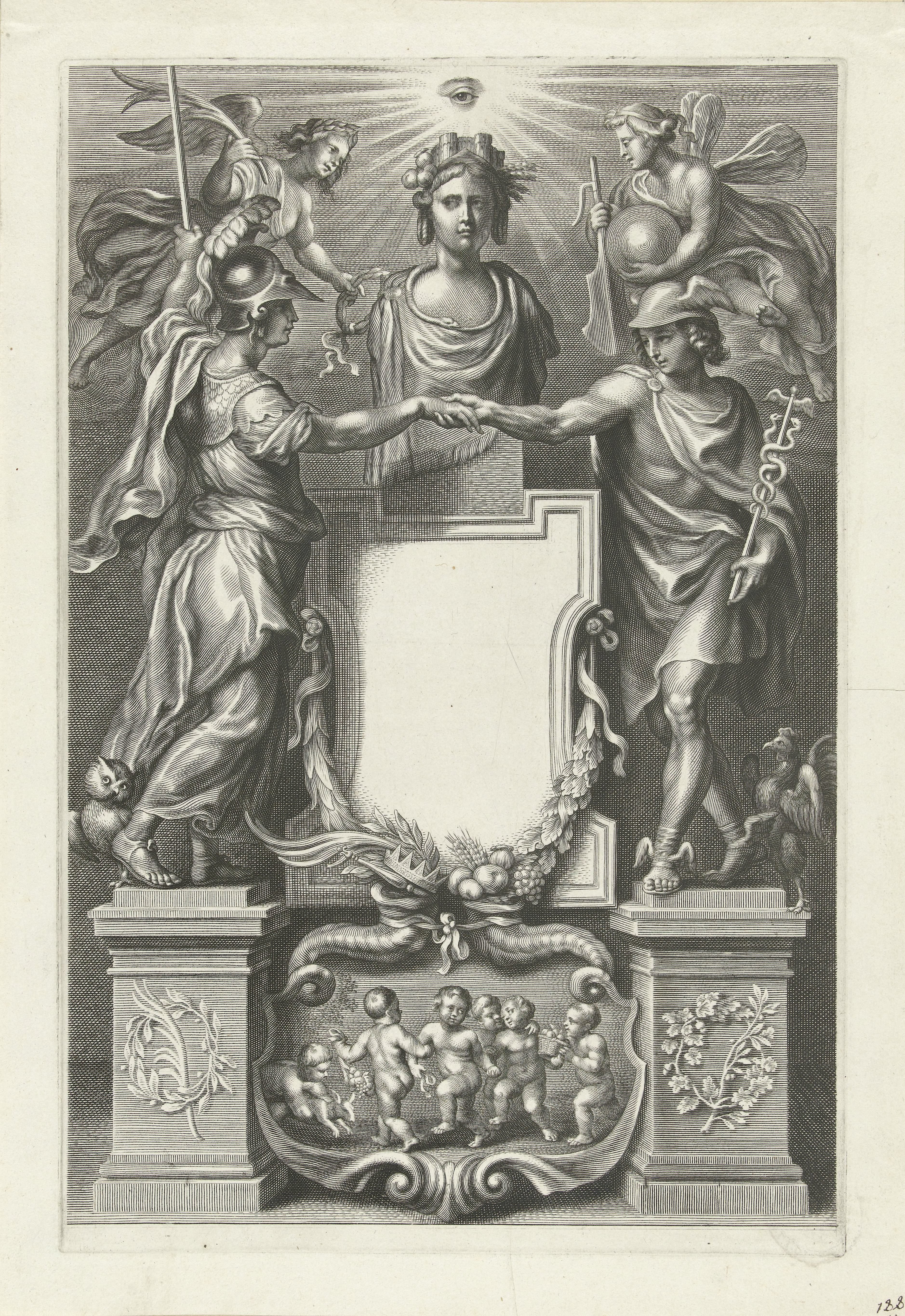 Minerva en Mercurius reiken elkaar de hand