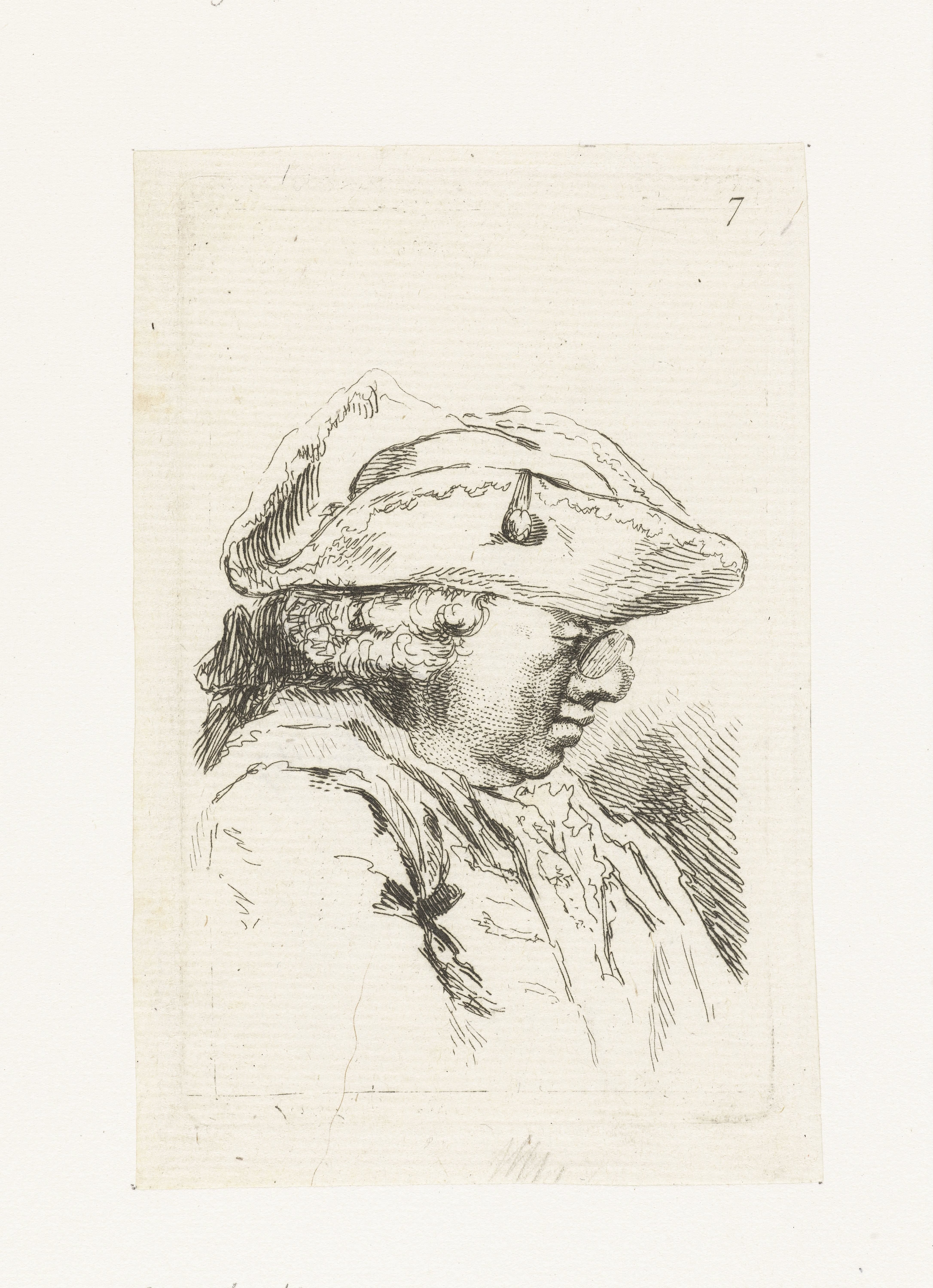 Hoofd van een man met bril en tricorne