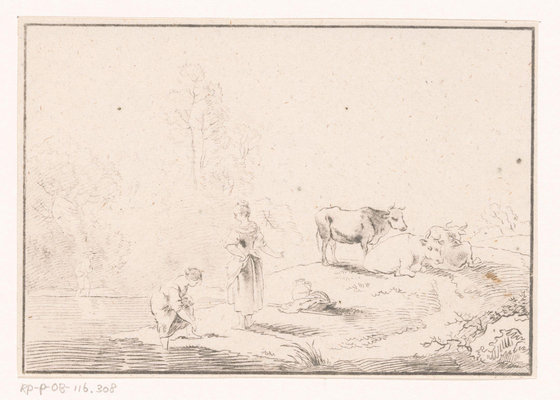 Landschap met herderinnen bij water