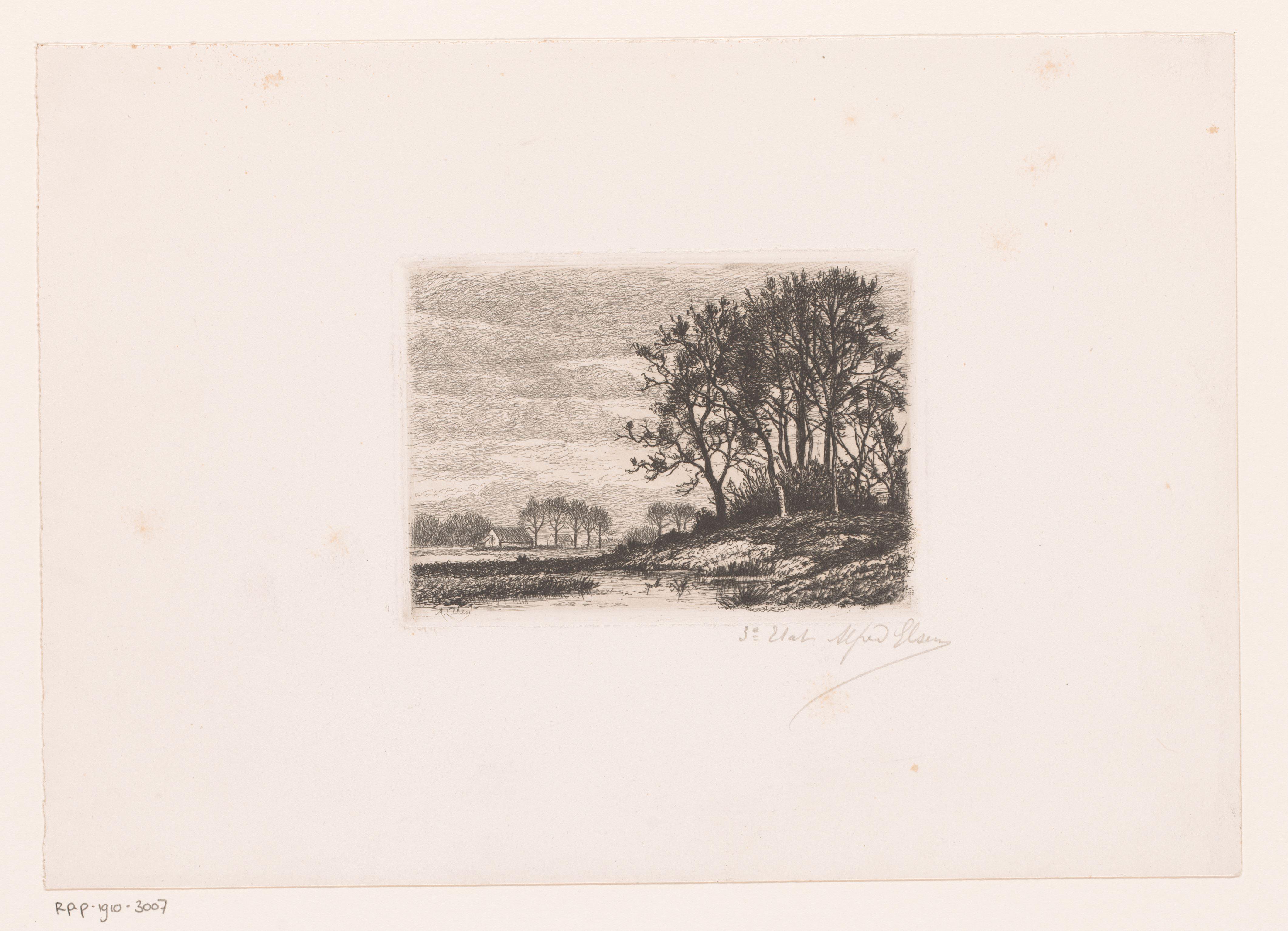 Landschap met bomen op een heuvel aan het water