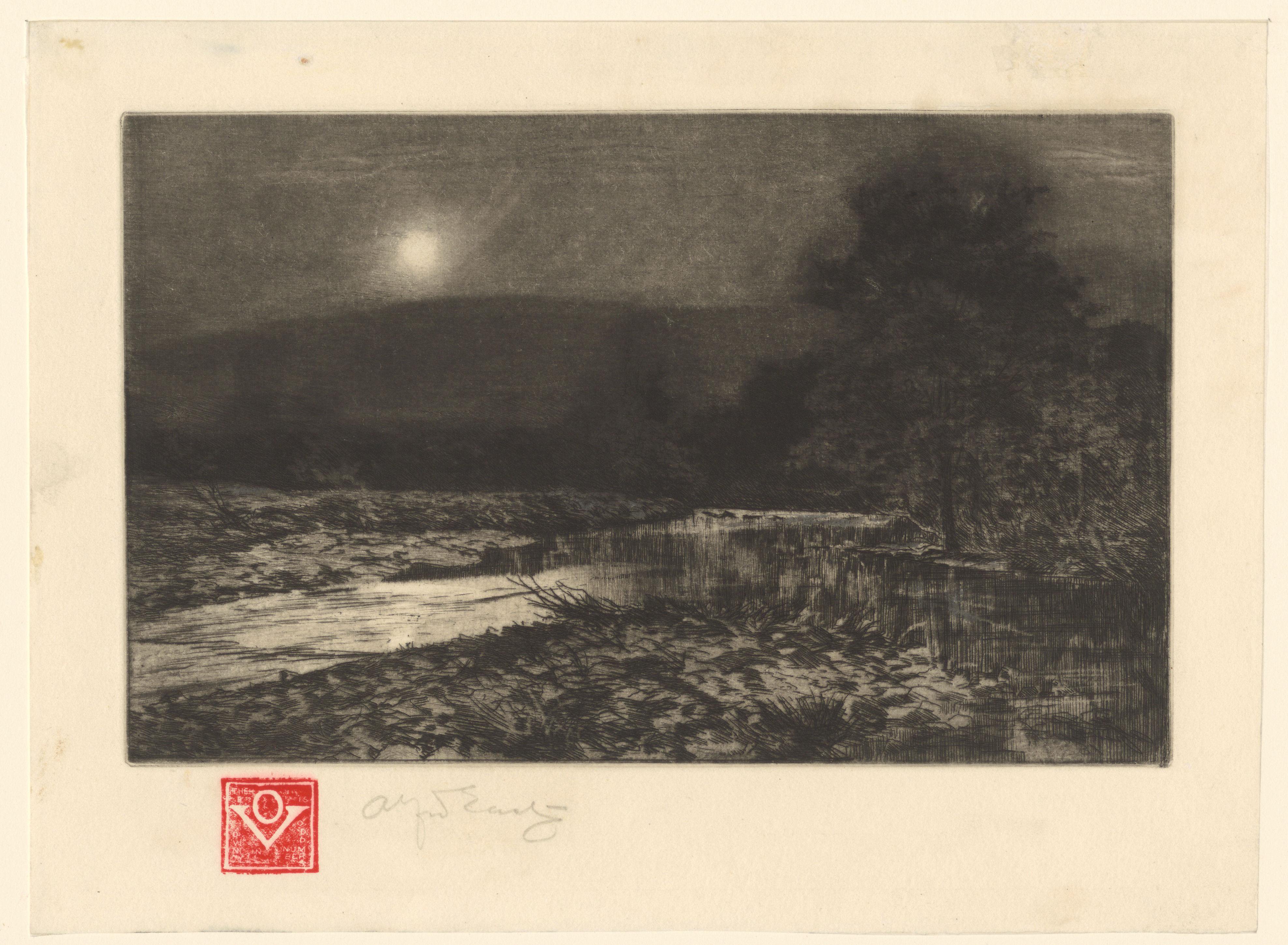 Landschap met smalle, meanderende rivier bij maanlicht