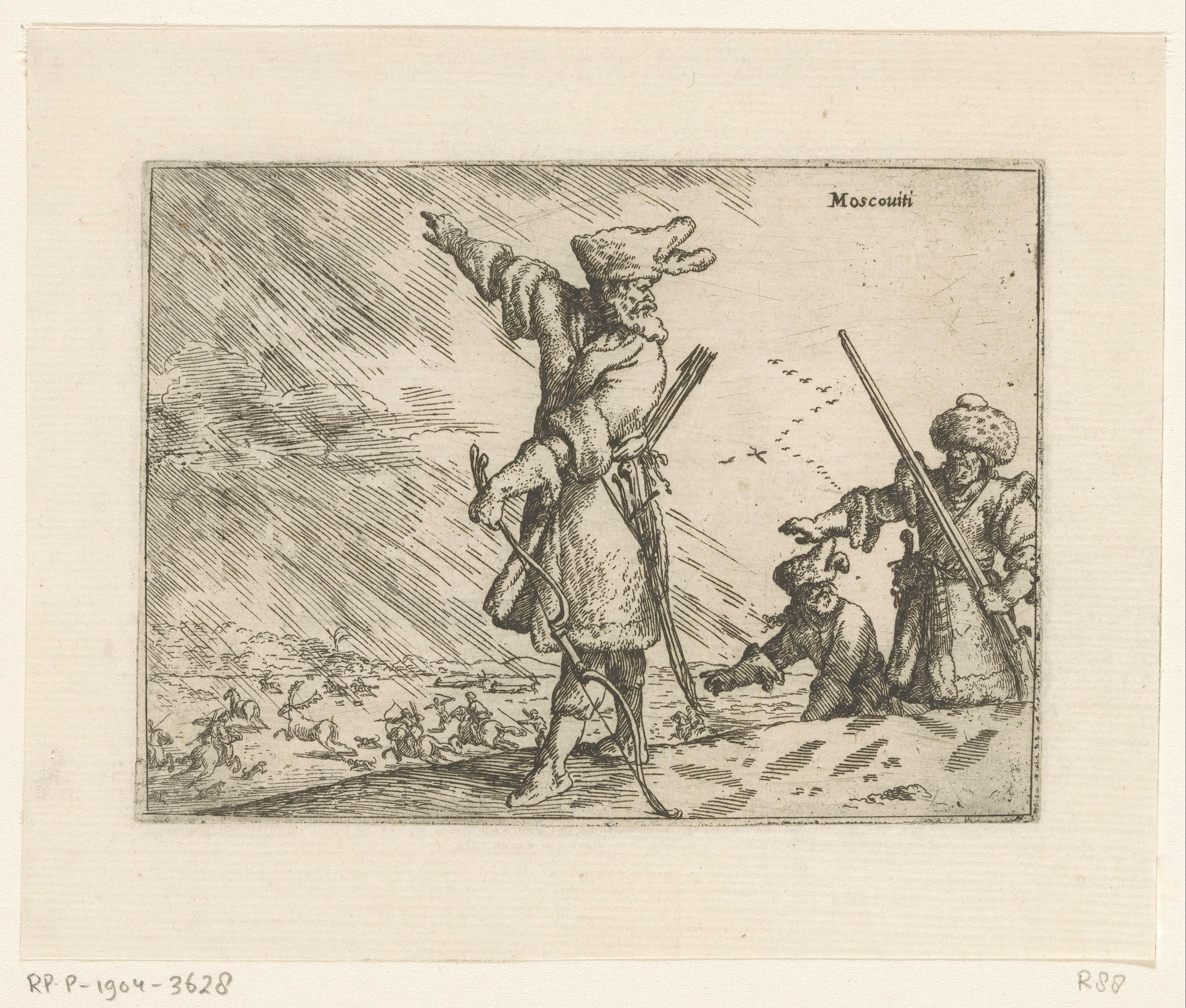 Drie Russen, een jachtscène in de achtergrond
