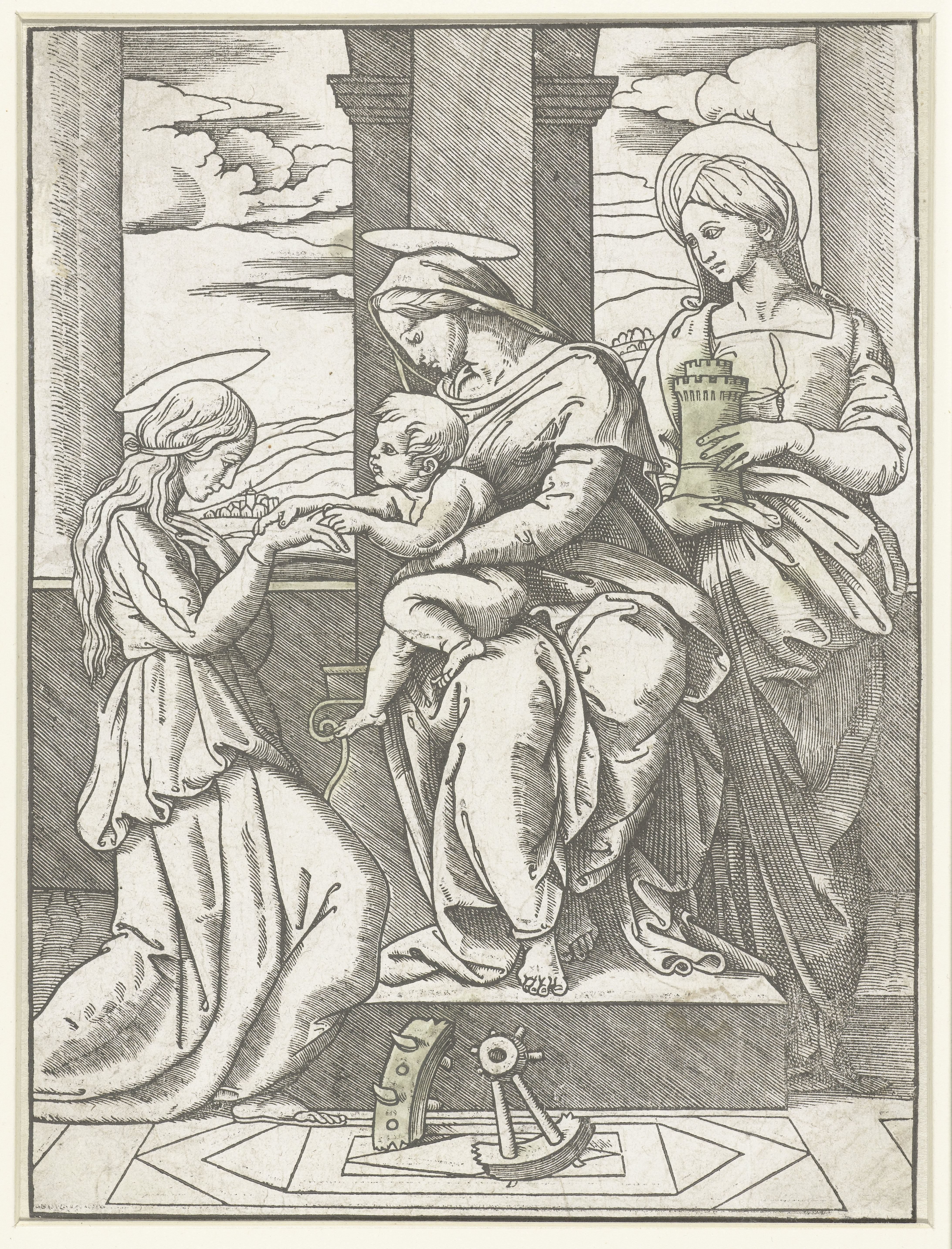 Maria met kind zittend op een troon tussen de heiligen Catharina en Barbara