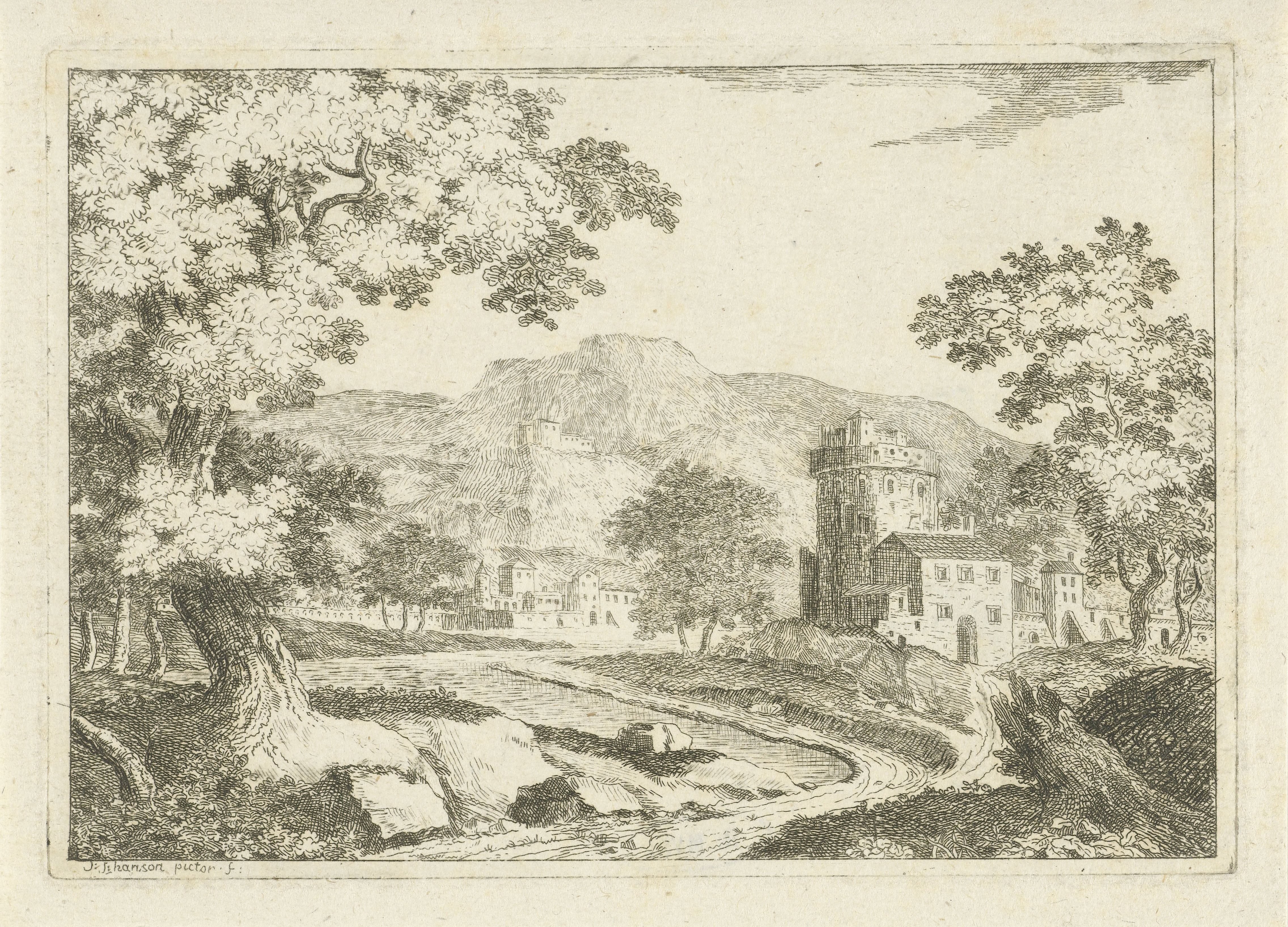 Rivierlandschap met huizen en torens