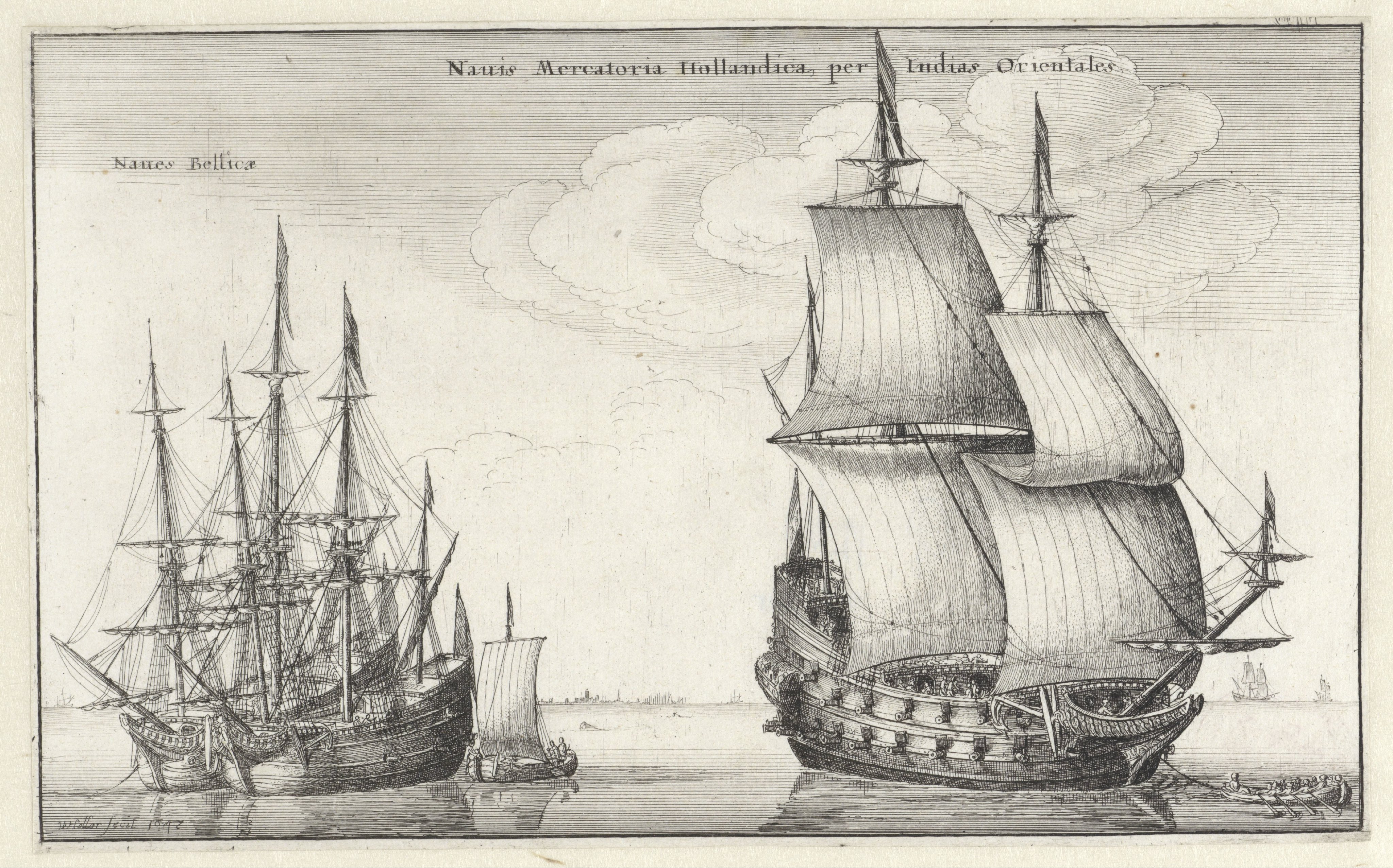 Nederlandse Oost-Indiëvaarder en twee oorlogsschepen