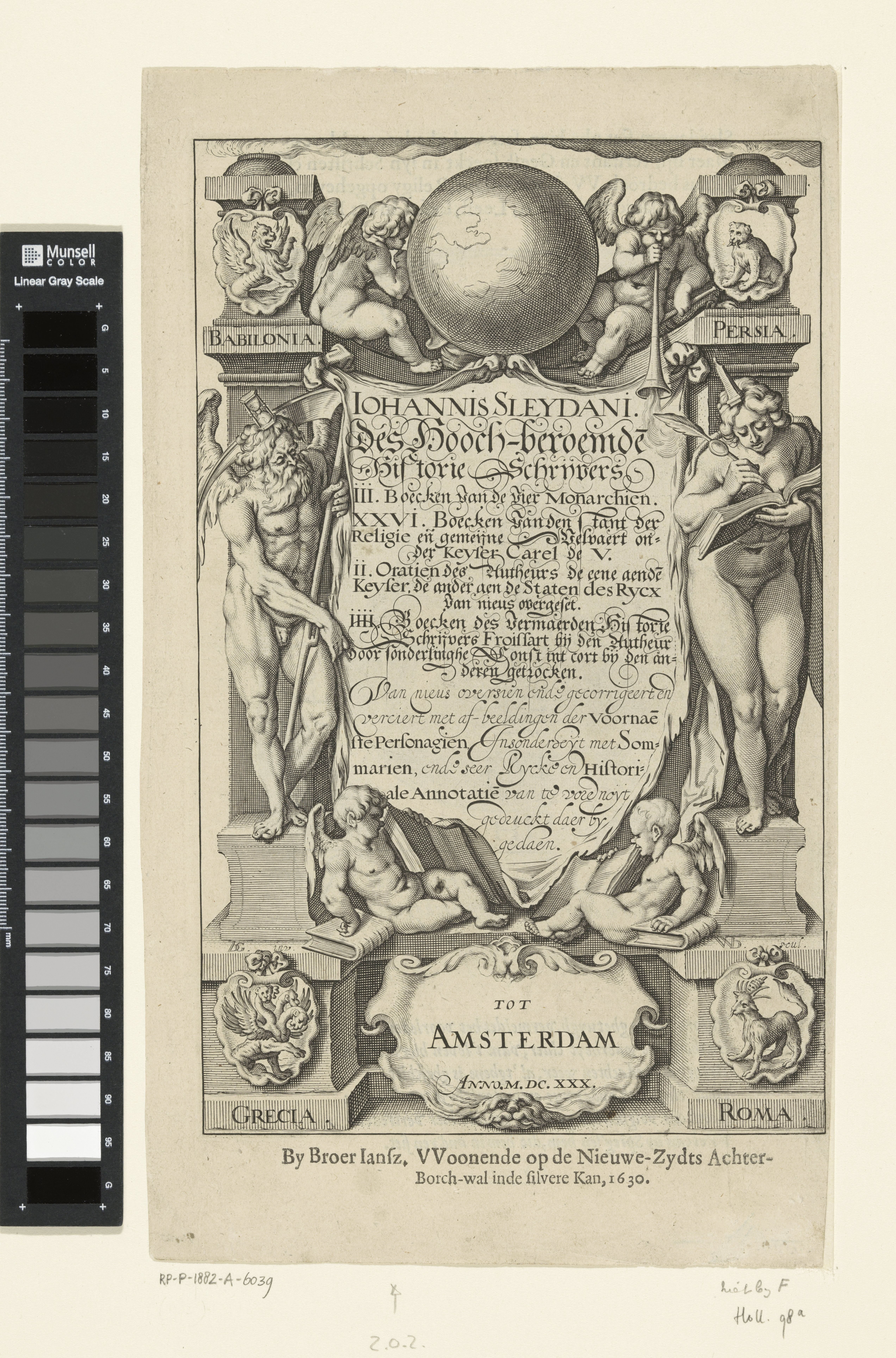 Cartouche met titel en allegorische figuren Vader Tijd en Geschiedenis
