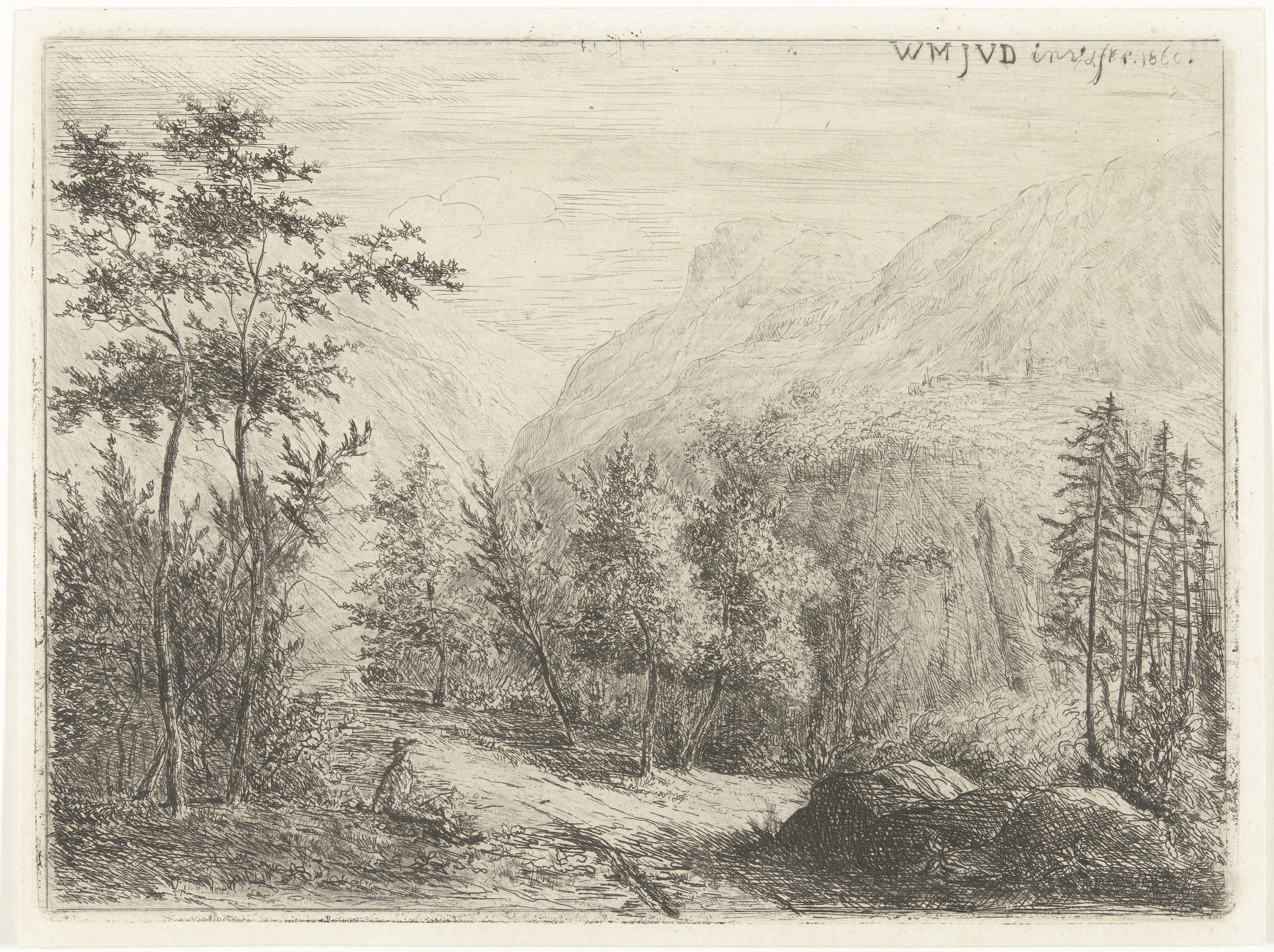 Berglandschap met rustende figuur langs weg
