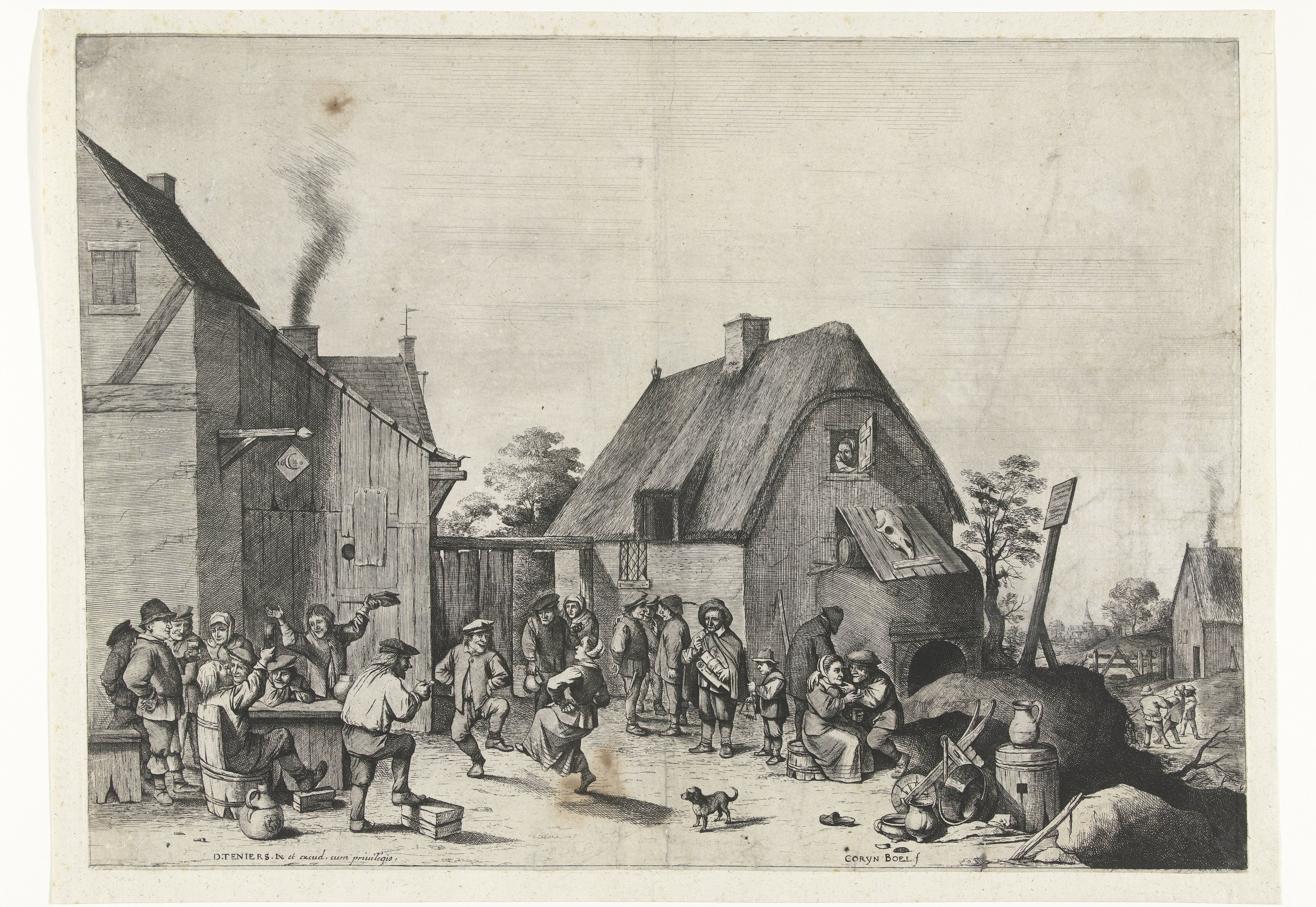 Boerenerf met dansende en drinkende boeren