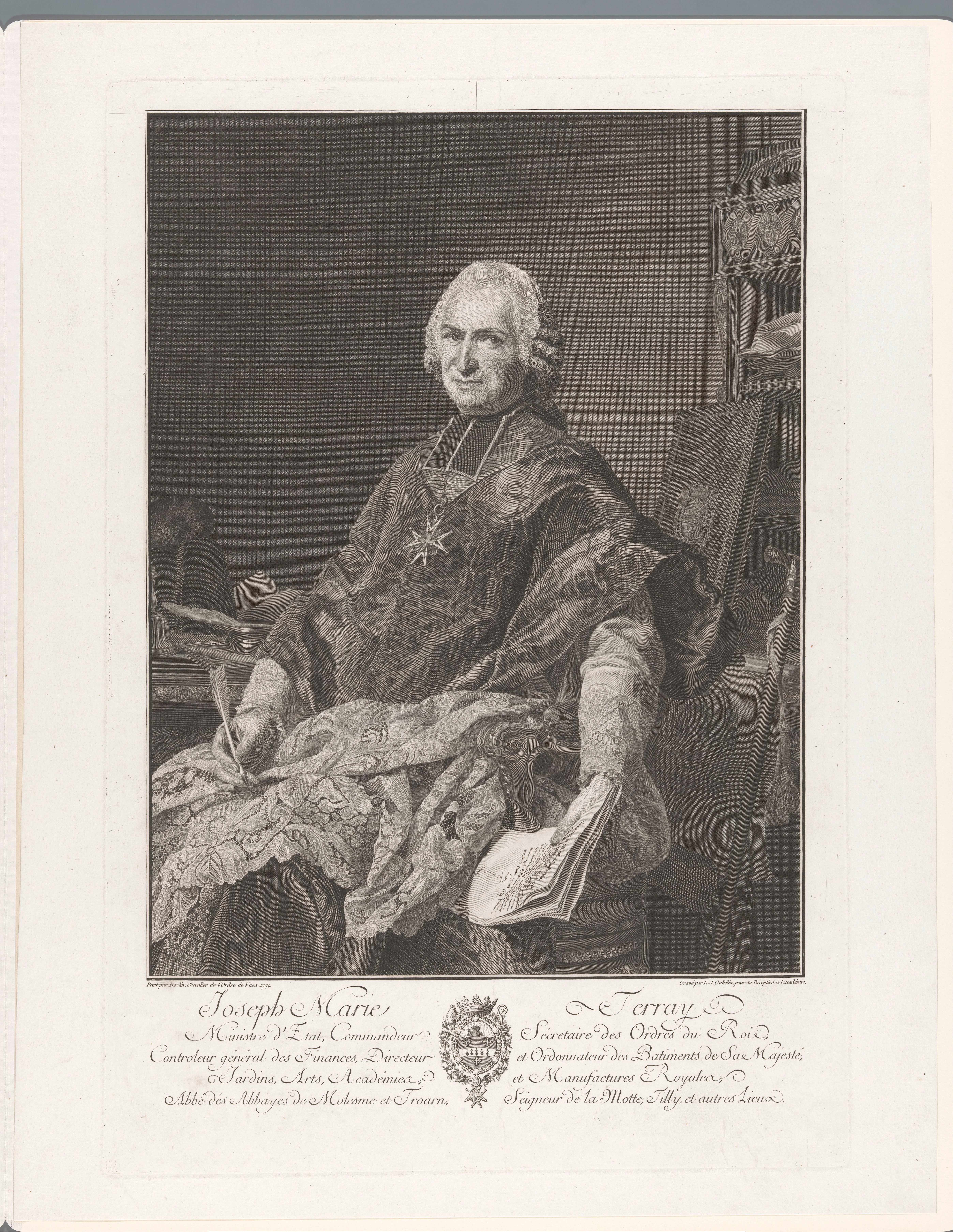 Portret van Joseph Marie Terray aan een bureau met een pen en brief in zijn hand