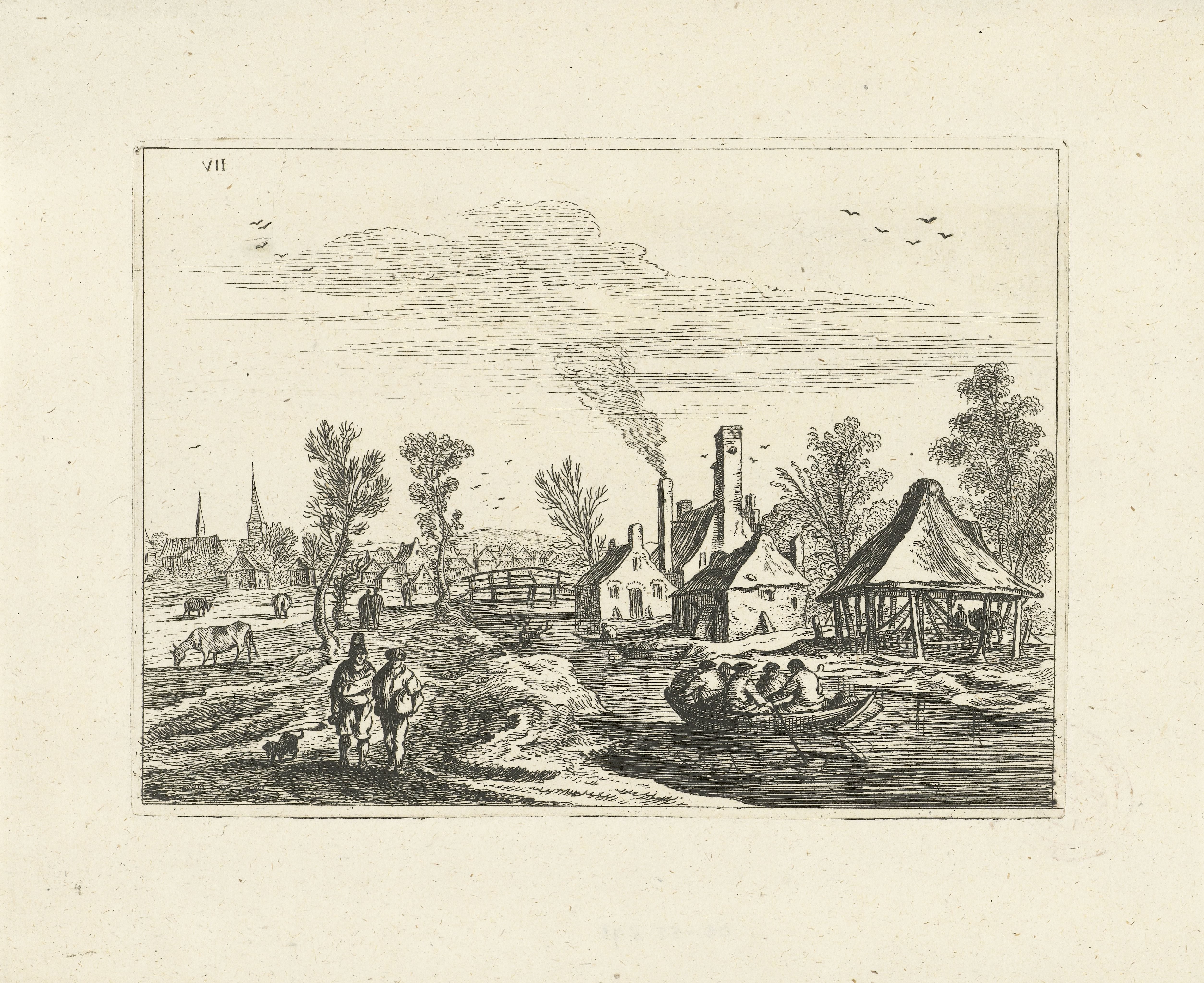 Landschap met dorp aan rivier